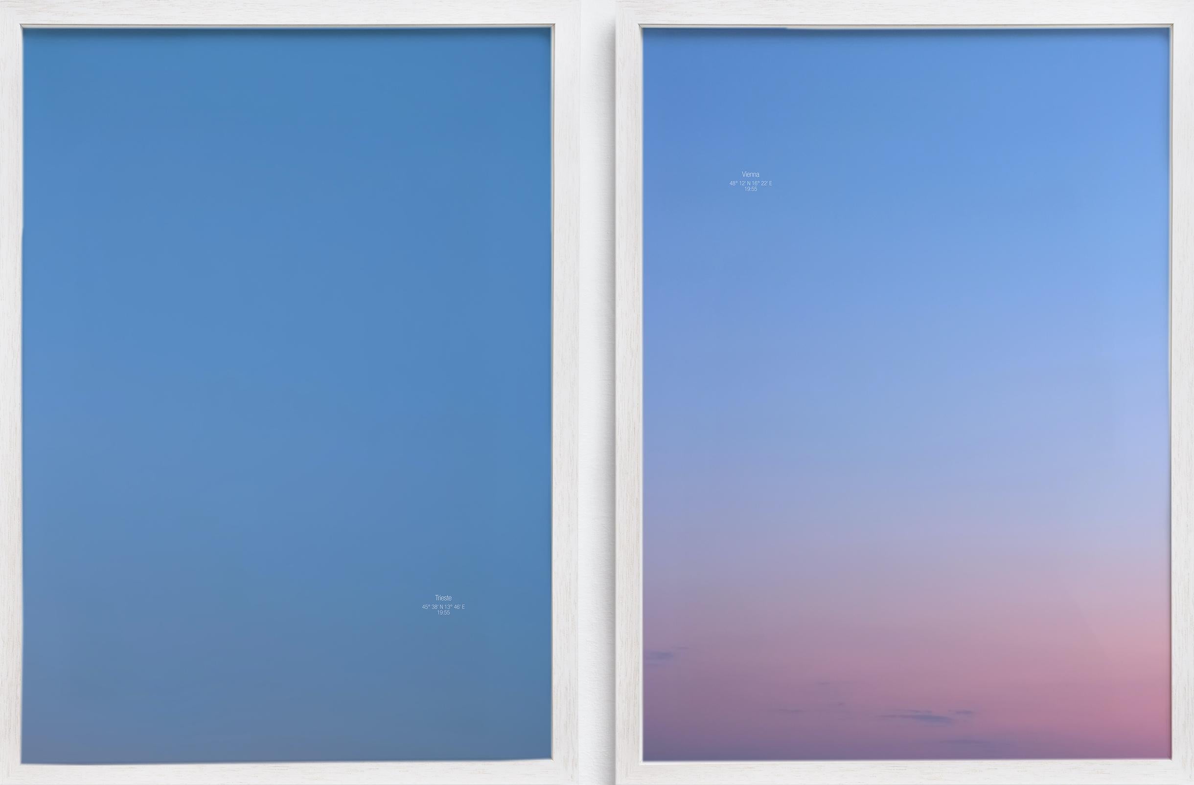 On the Other Side - Contemporary Color Photography Diptych
Trieste / Vienna, 19:55
Diptych, 2 pieces, 70 x 50 cm each
Edition 2/5+2 AP
Prints are unframed and come with labels signed by the artist.

When we look at the sky, we see pure color, even