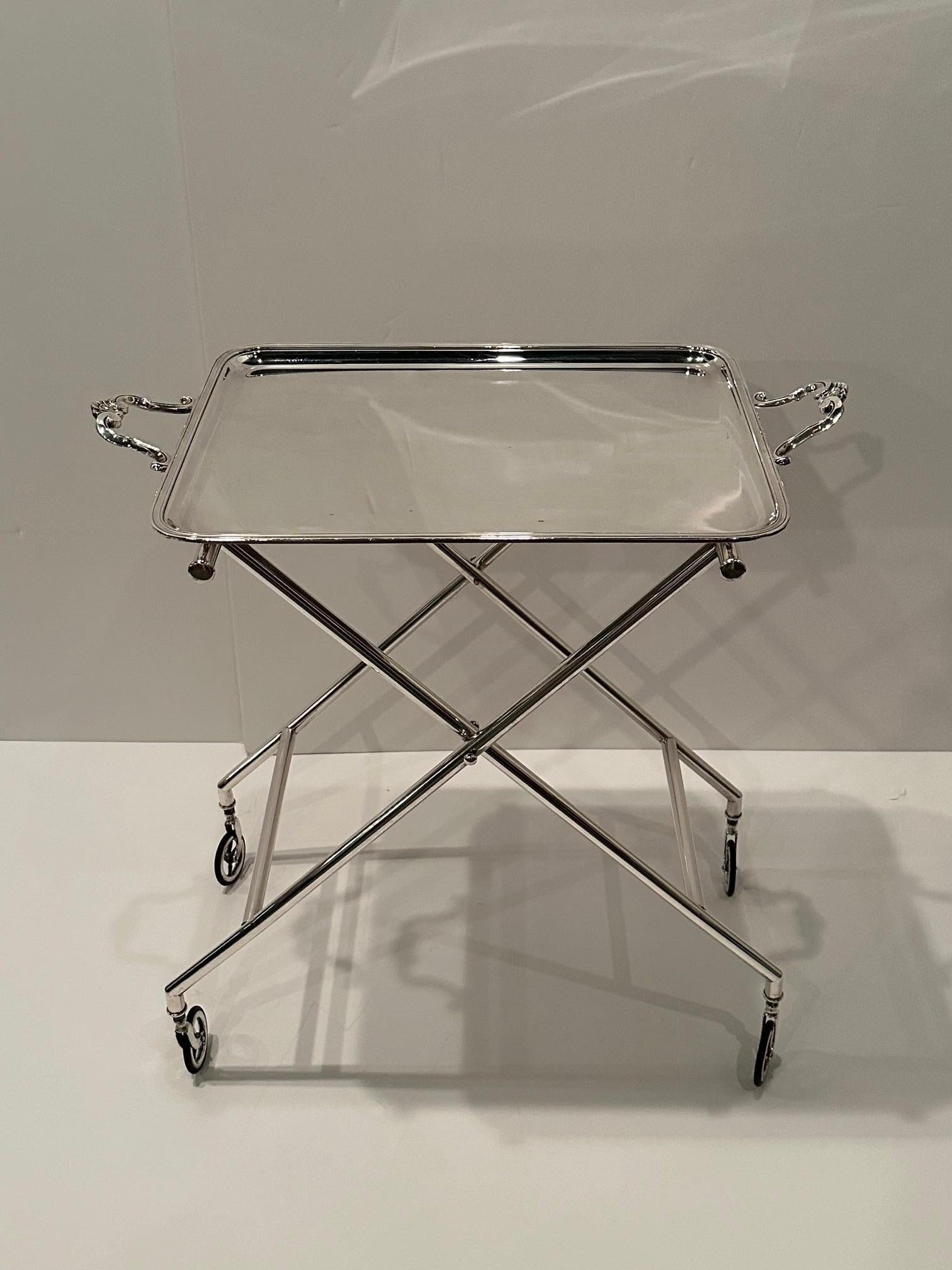 Ultra Chic Signed Christofle Silverplate Tray & Stand Bar Cart In Good Condition In Hopewell, NJ