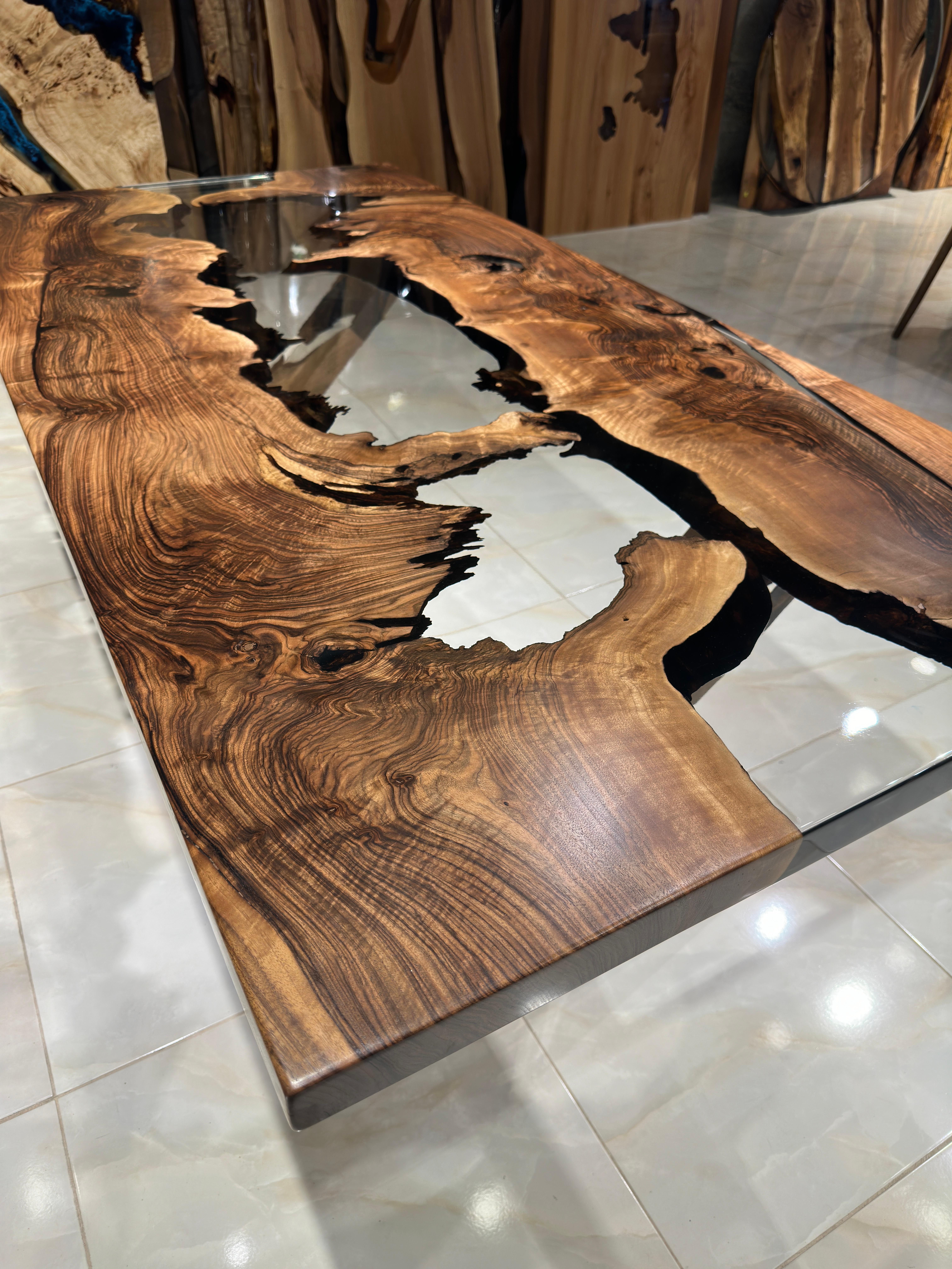 Ultra Clear Black Walnut Wood Epoxy Resin River Table - Massive Wood Table For Sale 5
