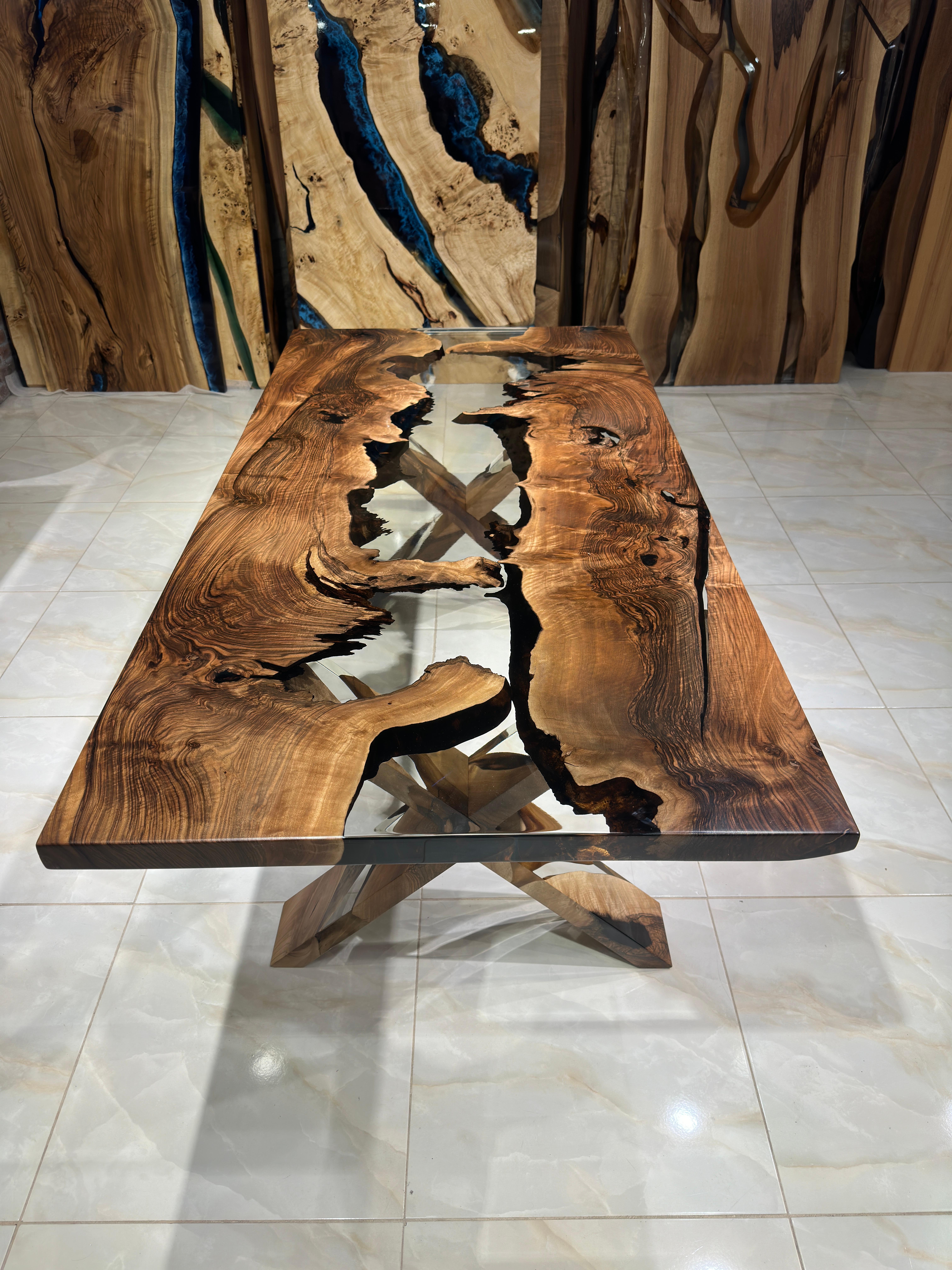 Arts and Crafts Ultra Clear Black Walnut Wood Epoxy Resin River Table - Massive Wood Table For Sale