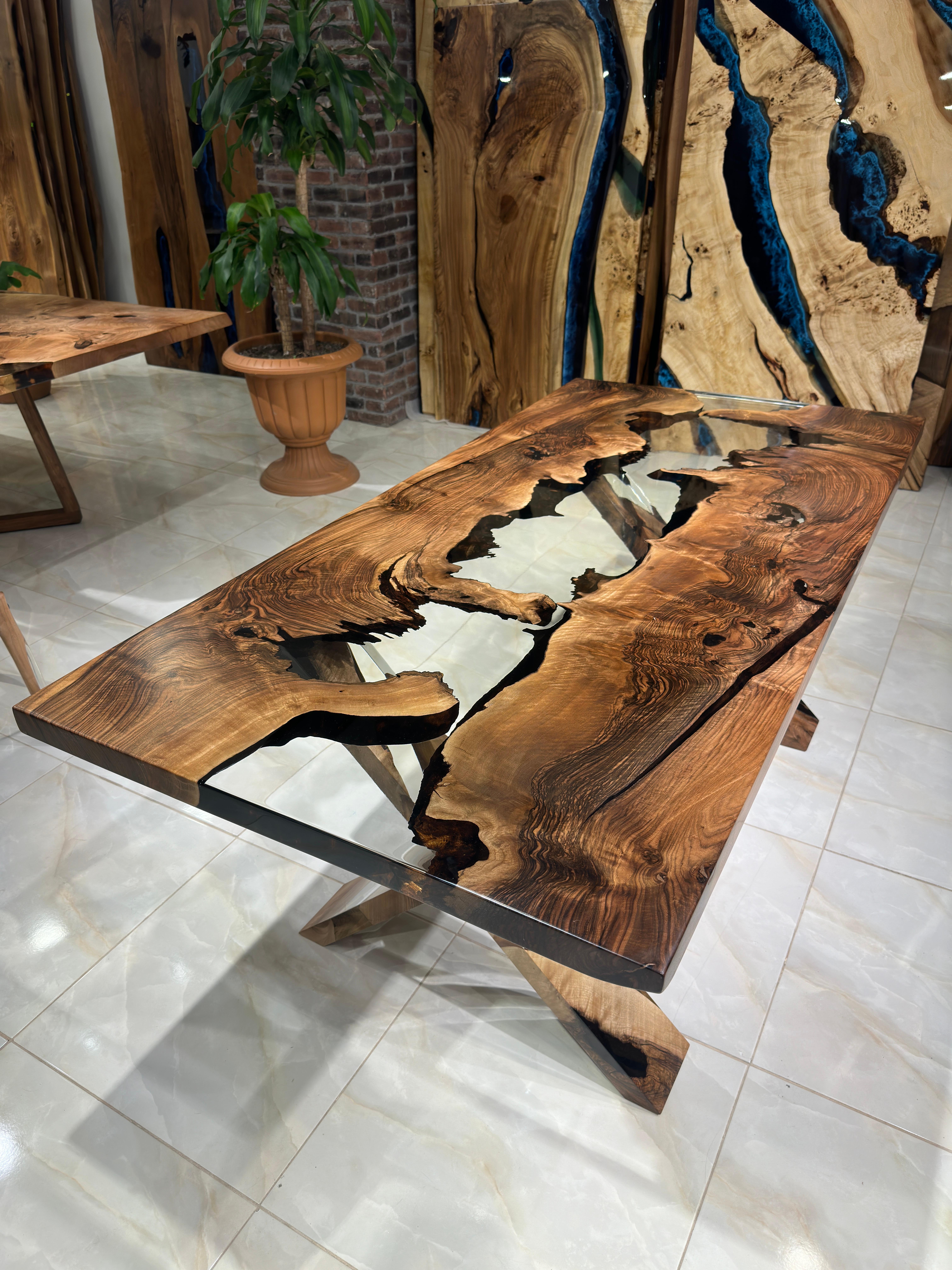 Turkish Ultra Clear Black Walnut Wood Epoxy Resin River Table - Massive Wood Table For Sale