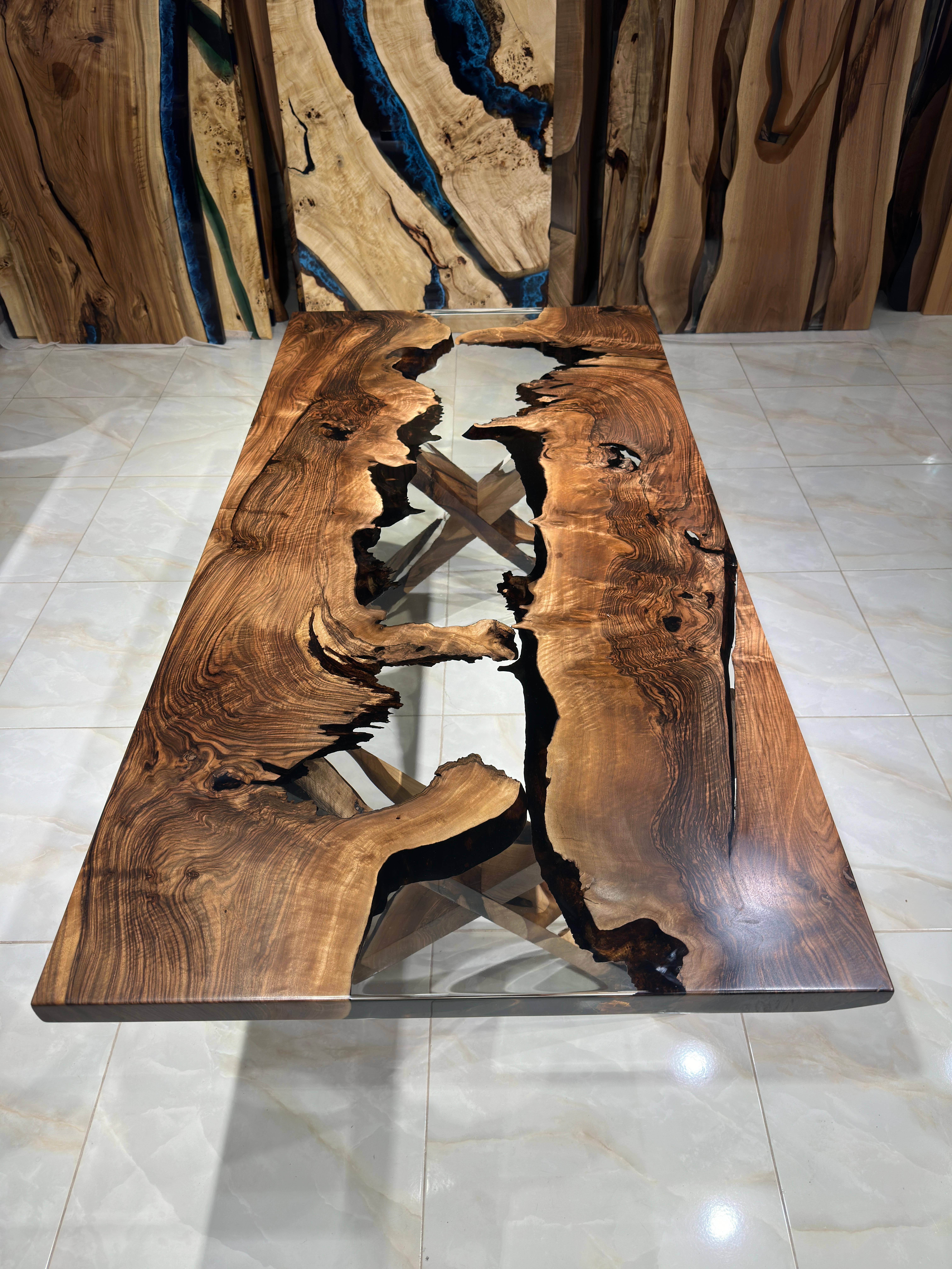 Contemporary Ultra Clear Black Walnut Wood Epoxy Resin River Table - Massive Wood Table For Sale