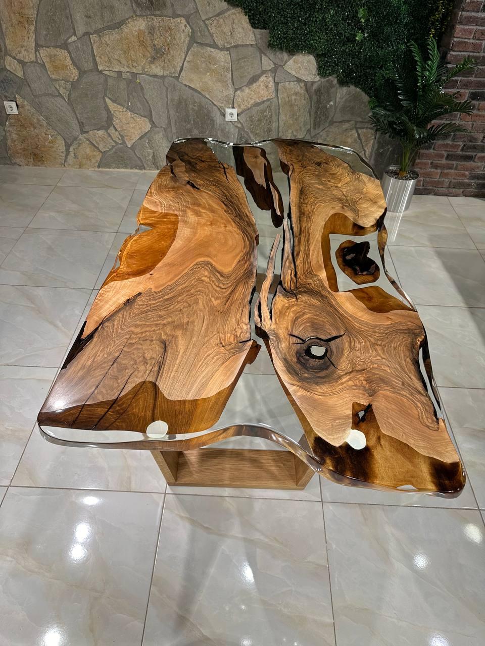 Table de salle à manger en résine époxy Ultra Clear Resin Live Edge Walnut Wood Neuf - En vente à İnegöl, TR