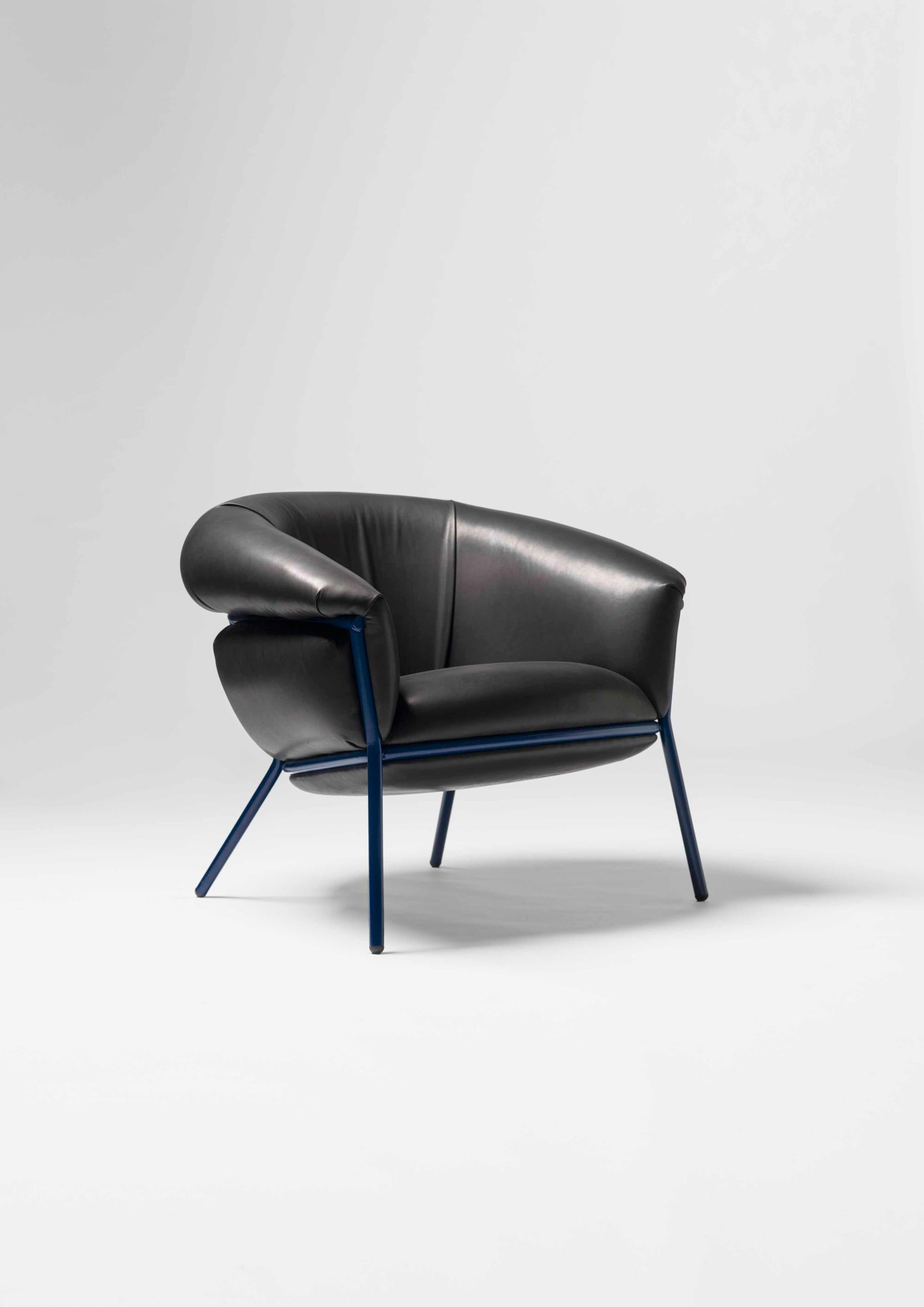 Modern Grasso armchair by Stephen Burks leather upholstery and painted metal structure  For Sale