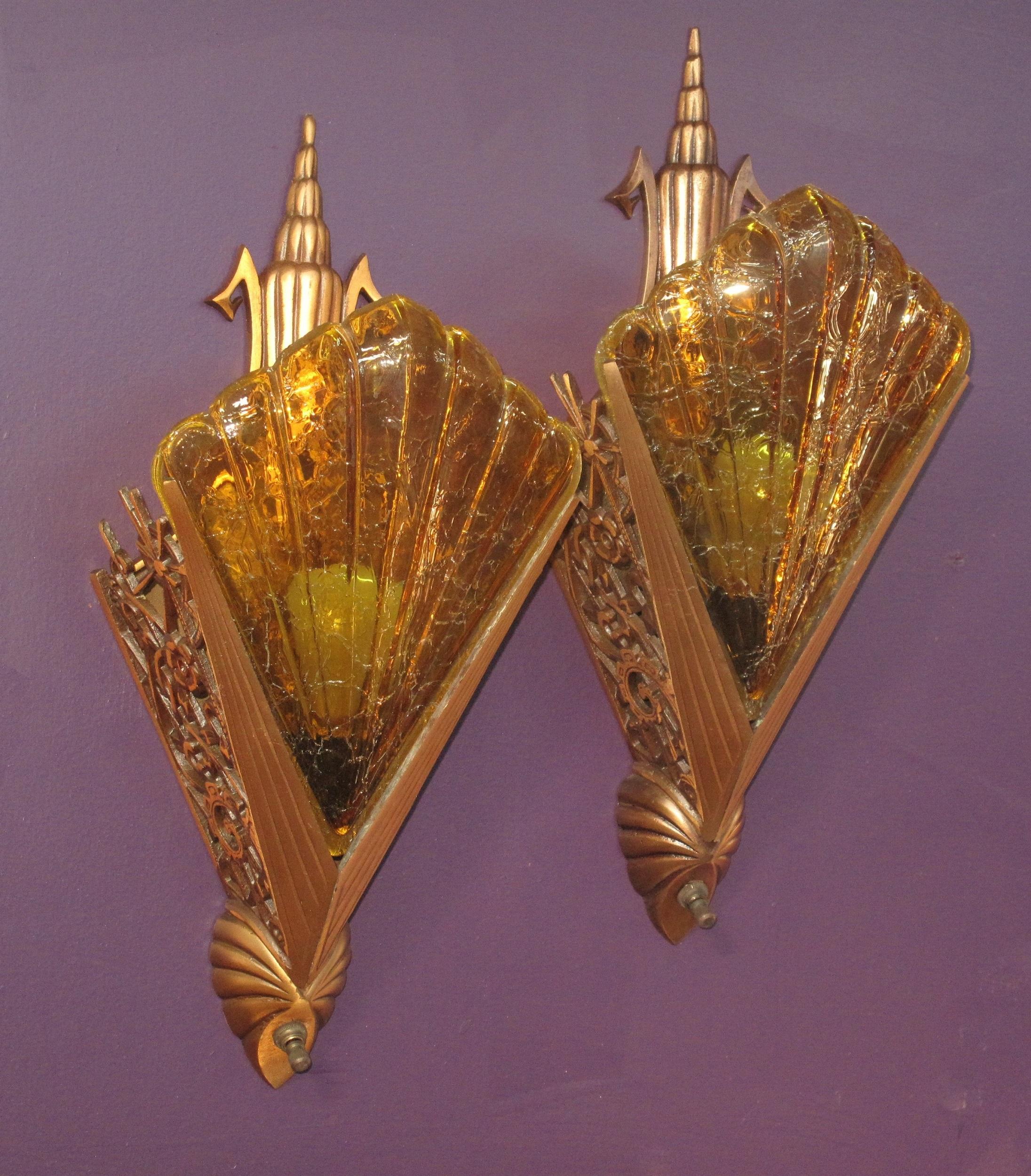 Art Deco Ultra Deco 30s Pr Bronze Slip Shade Sconces w/ Honey colored shades priced pair For Sale