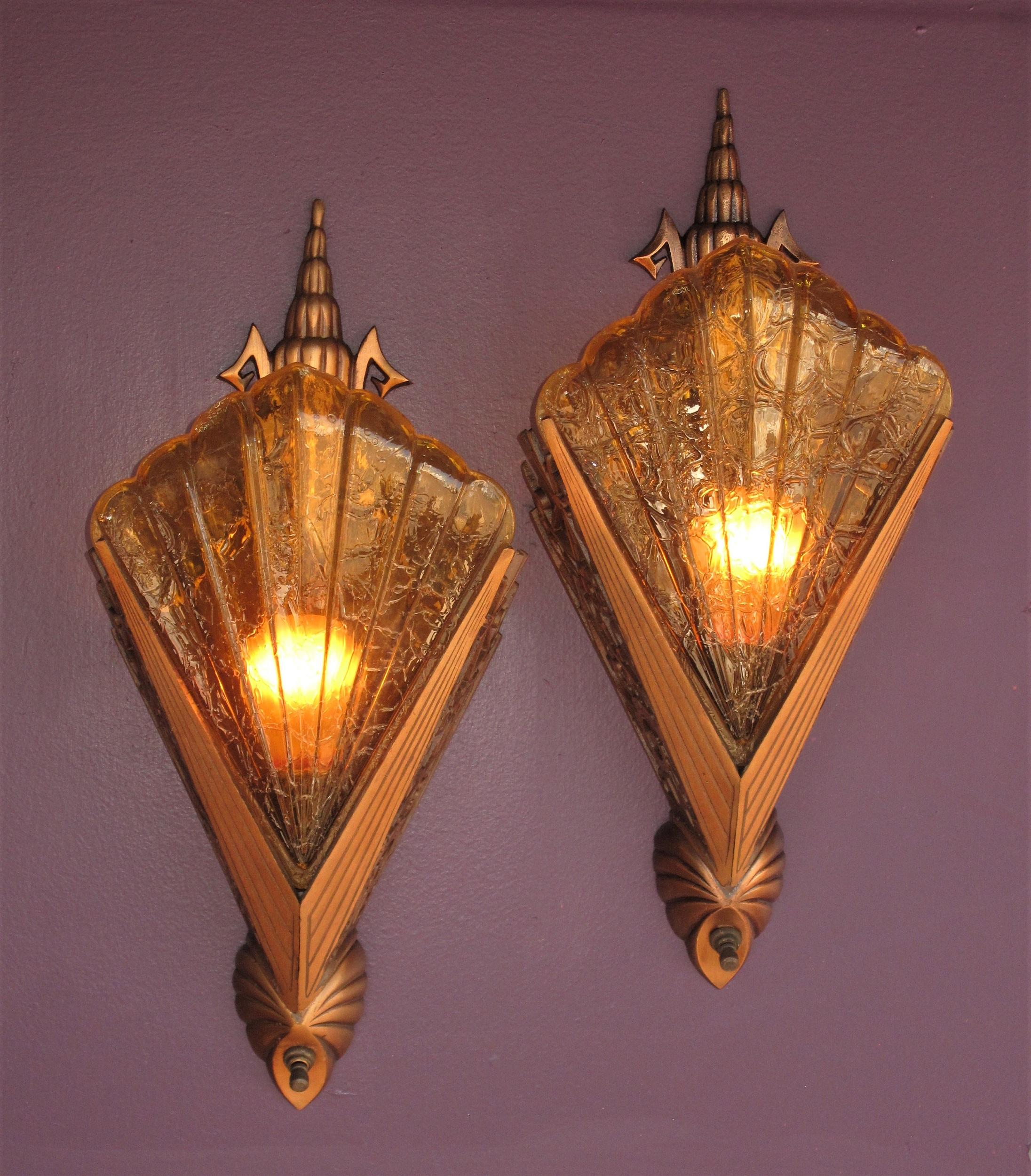 American Ultra Deco 30s Pr Bronze Slip Shade Sconces w/ Honey colored shades priced pair For Sale