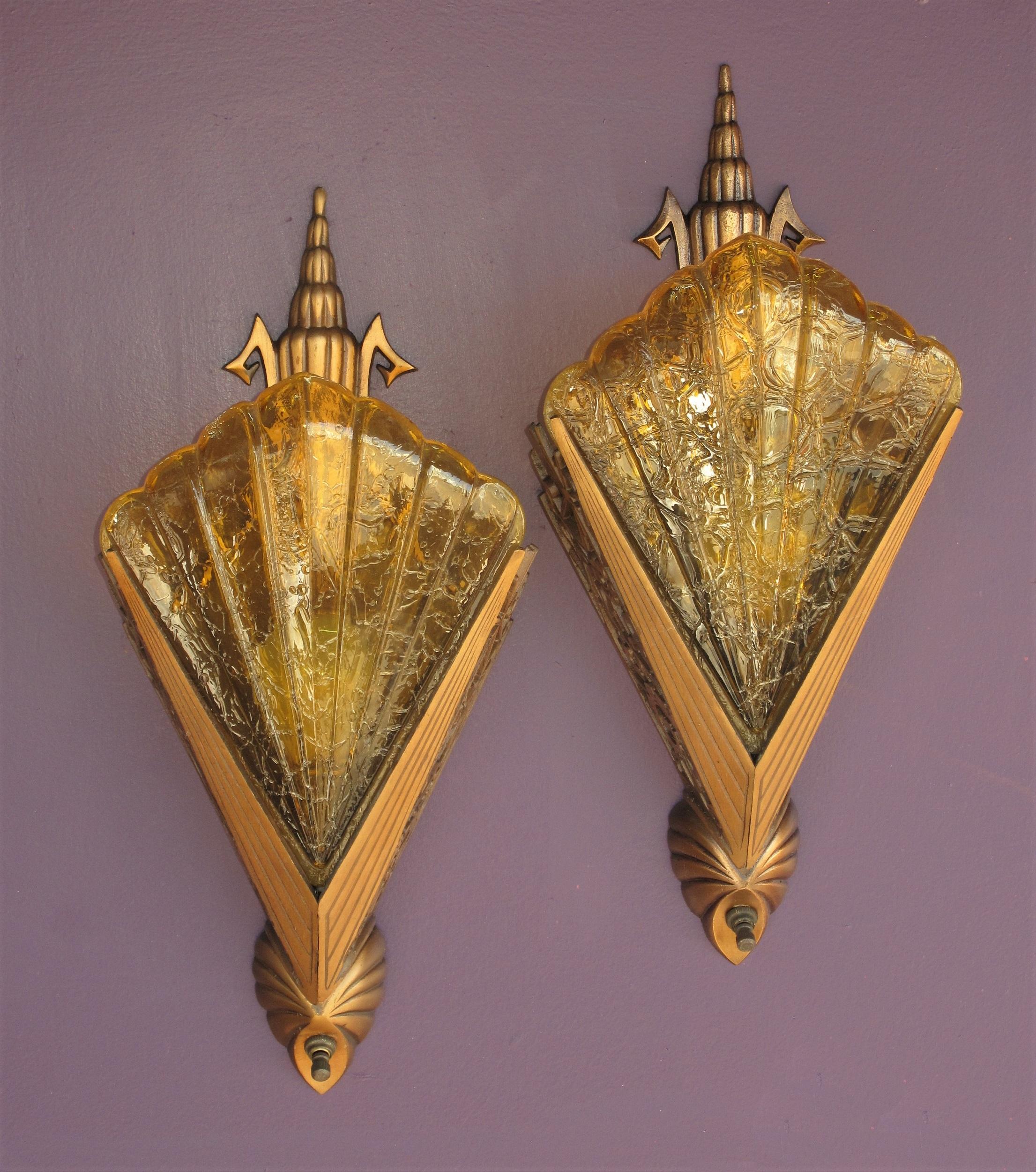 Patinated Ultra Deco 30s Pr Bronze Slip Shade Sconces w/ Honey colored shades priced pair For Sale