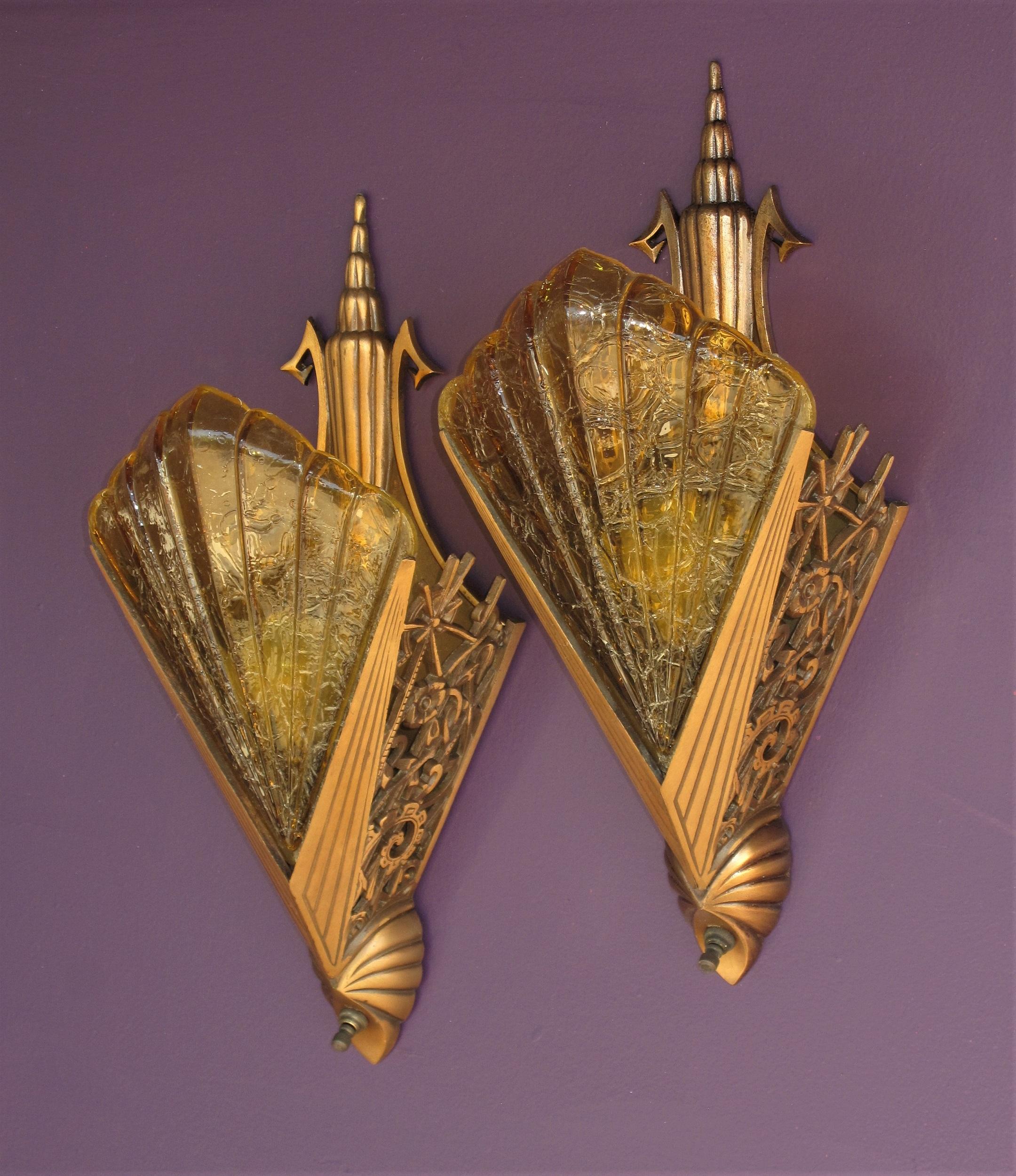 20th Century Ultra Deco 30s Pr Bronze Slip Shade Sconces w/ Honey colored shades priced pair For Sale