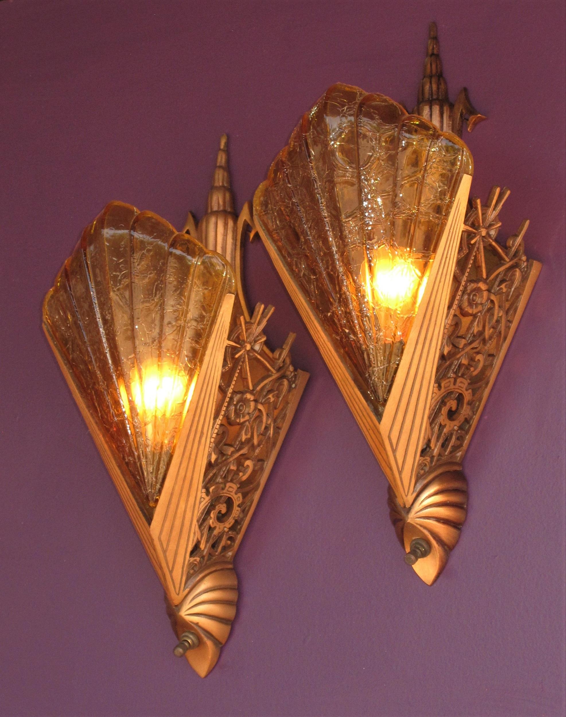 Ultra Deco 30s Pr Bronze Slip Shade Sconces w/ Honey colored shades priced pair For Sale 1