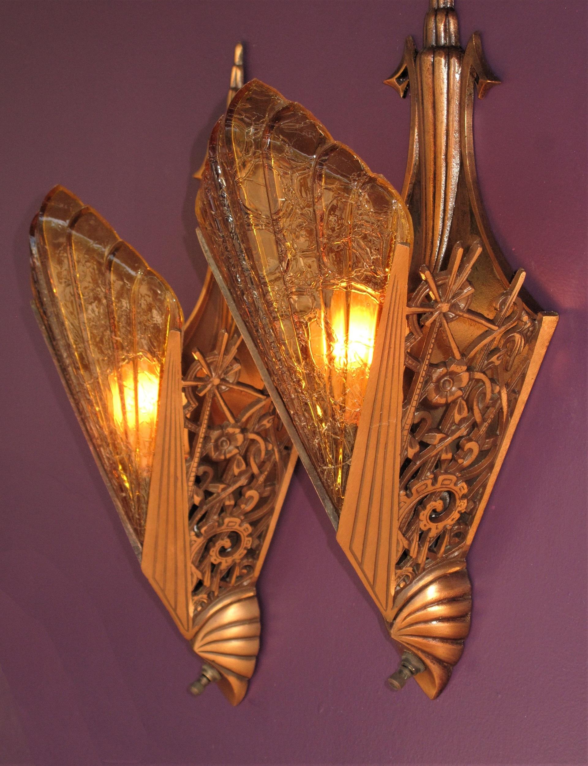 Ultra Deco 30s Pr Bronze Slip Shade Sconces w/ Honey colored shades priced pair For Sale 2