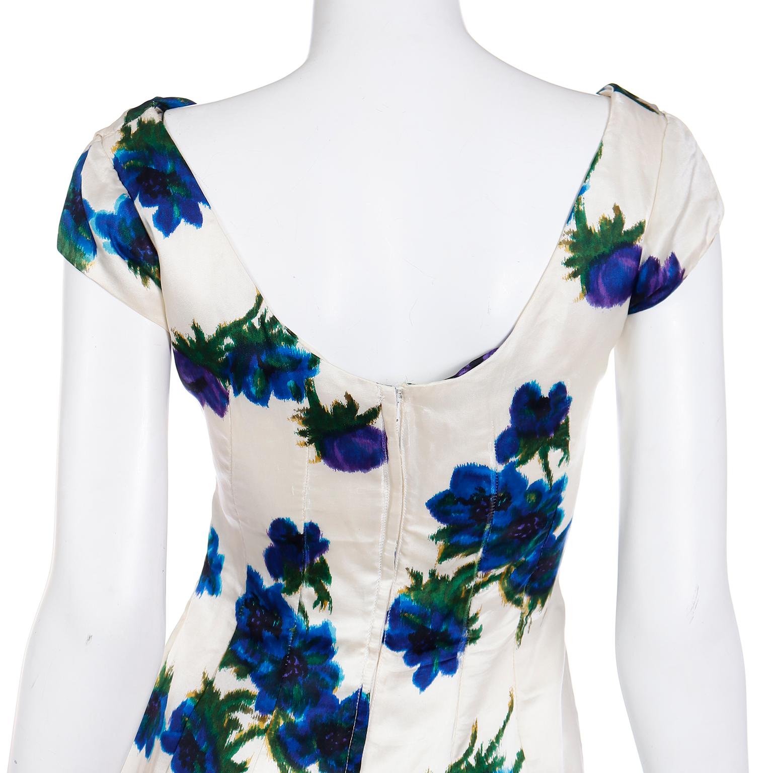 Ultra Fine Silk 1960s Ivory Vintage Dress W Draped Bodice in a Bold Blue Floral For Sale 6