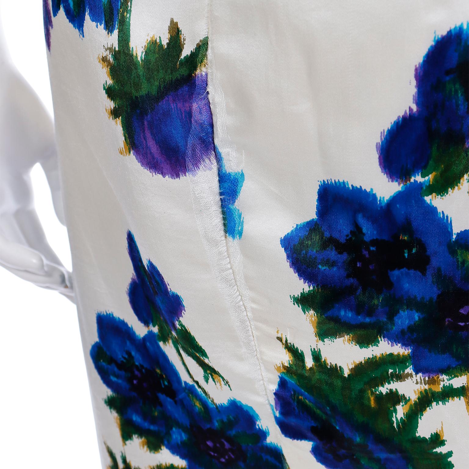 Ultra Fine Silk 1960s Ivory Vintage Dress W Draped Bodice in a Bold Blue Floral For Sale 8