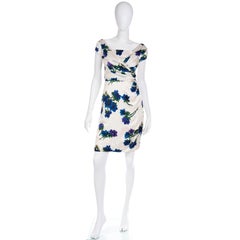Ultra Fine Silk 1960s Ivory Vintage Dress W Draped Bodice in a Bold Blue Floral