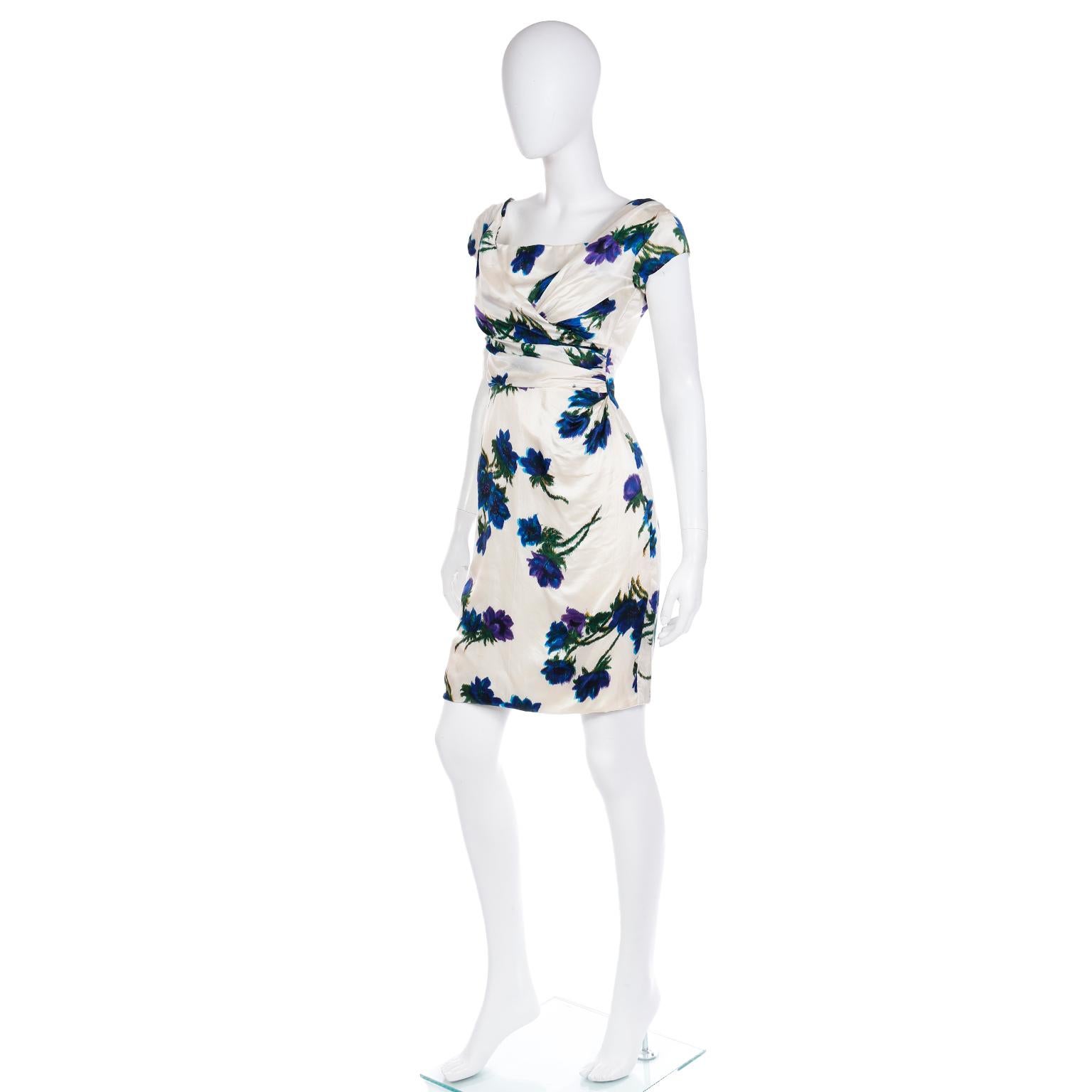 Ultra Fine Silk 1960s Ivory Vintage Dress W Draped Bodice in a Bold Blue Floral In Good Condition For Sale In Portland, OR