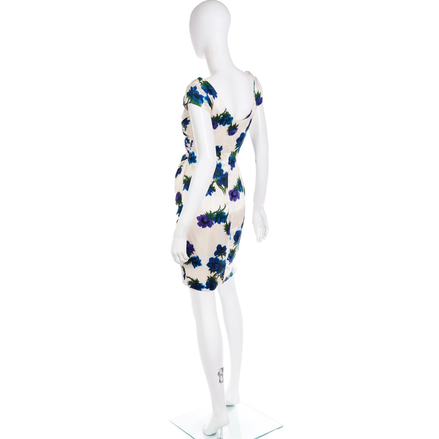 Women's Ultra Fine Silk 1960s Ivory Vintage Dress W Draped Bodice in a Bold Blue Floral For Sale