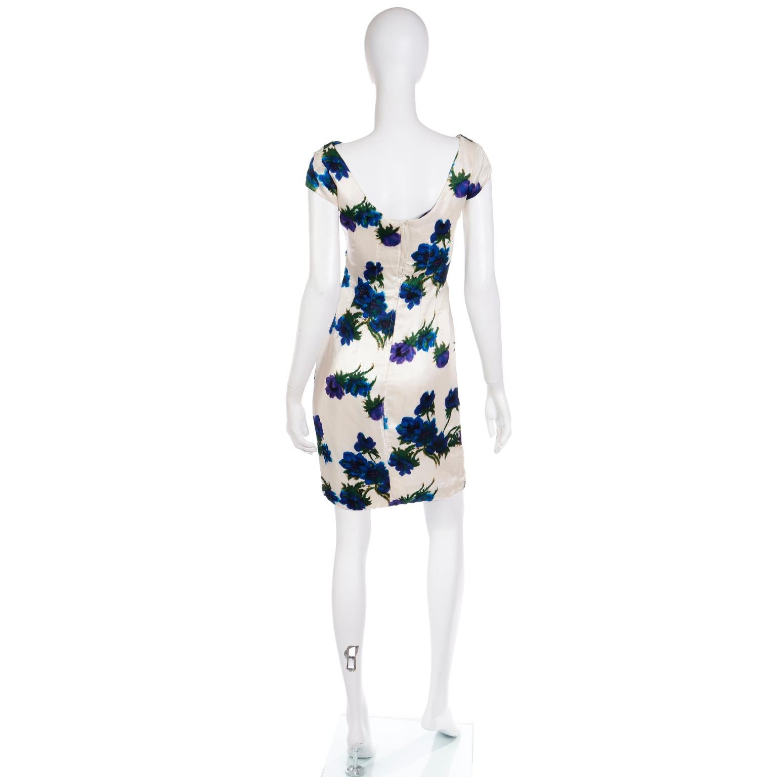 Ultra Fine Silk 1960s Ivory Vintage Dress W Draped Bodice in a Bold Blue Floral For Sale 1