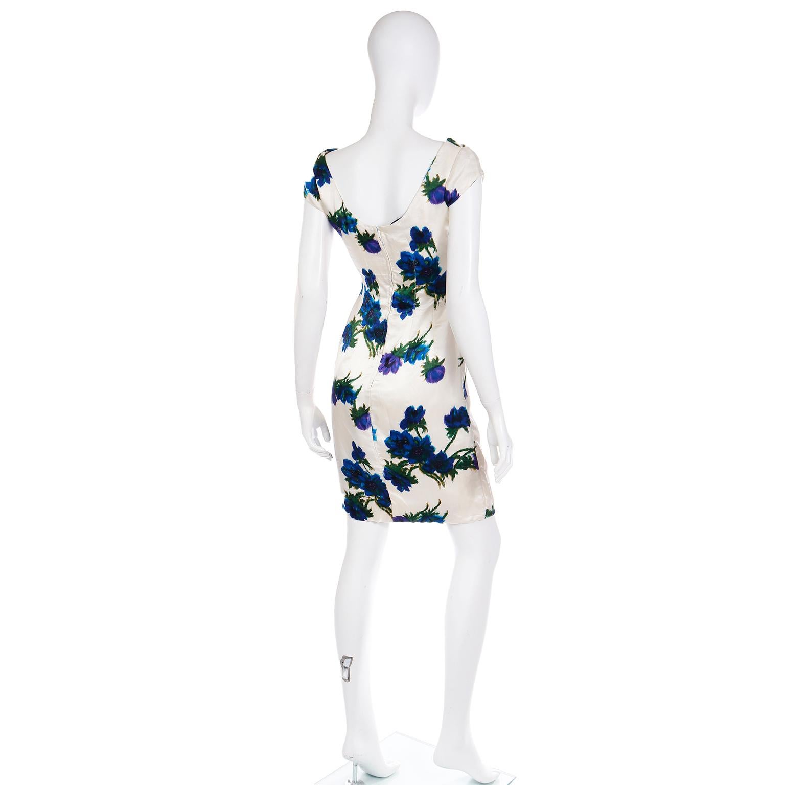 Ultra Fine Silk 1960s Ivory Vintage Dress W Draped Bodice in a Bold Blue Floral For Sale 2