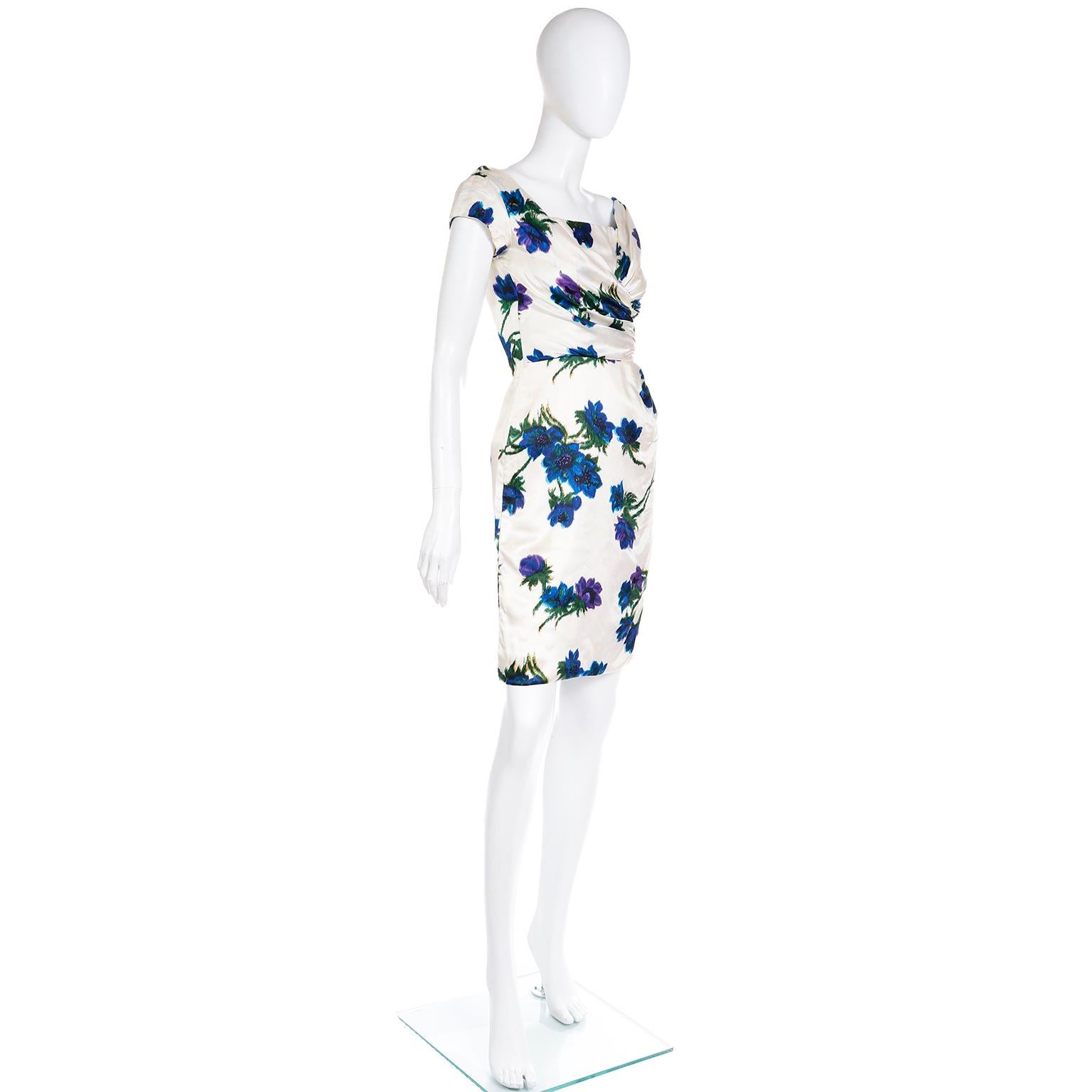 Ultra Fine Silk 1960s Ivory Vintage Dress W Draped Bodice in a Bold Blue Floral For Sale 3