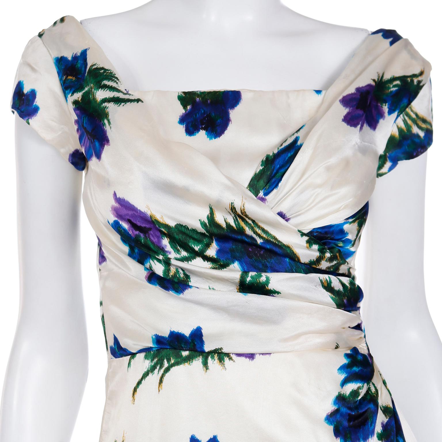 Ultra Fine Silk 1960s Ivory Vintage Dress W Draped Bodice in a Bold Blue Floral For Sale 4