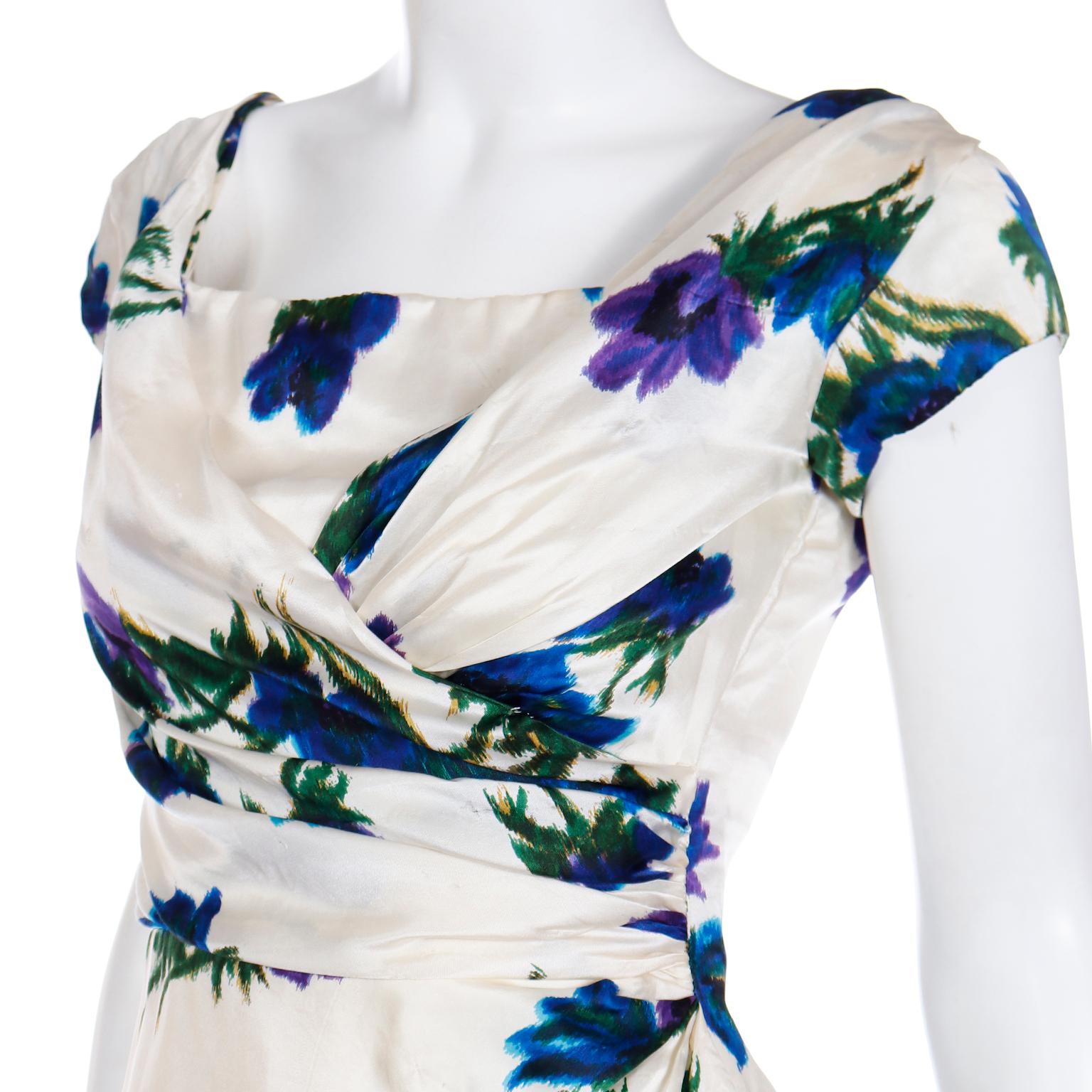 Ultra Fine Silk 1960s Ivory Vintage Dress W Draped Bodice in a Bold Blue Floral For Sale 5