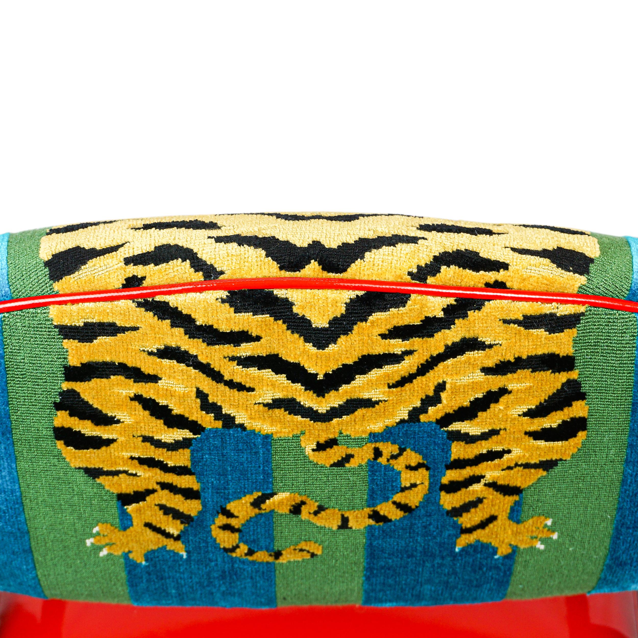 Ultra Modern Upholstered Dining Chair with Red Vinyl and Tiger Velvet For Sale 2