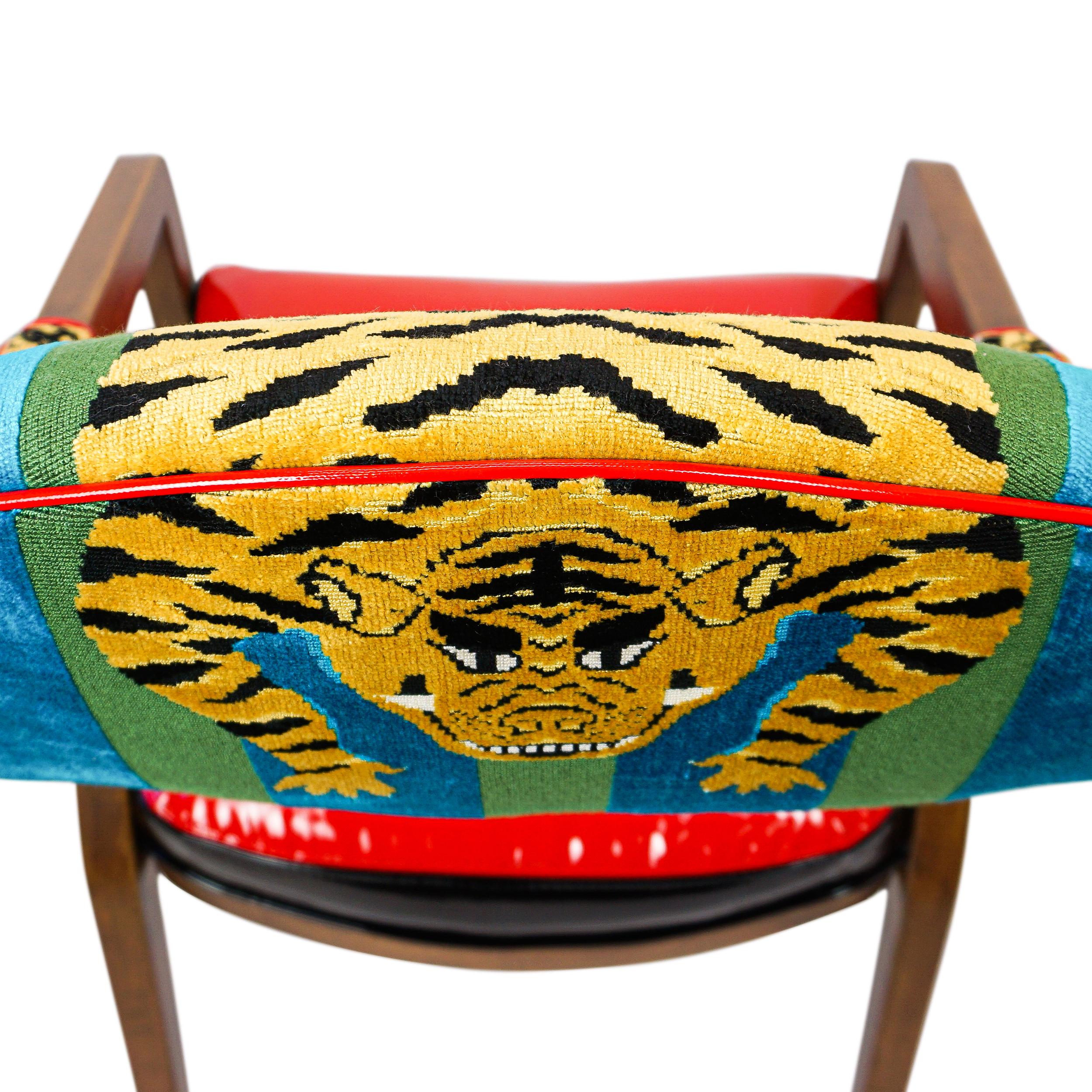 Ultra Modern Upholstered Dining Chair with Red Vinyl and Tiger Velvet For Sale 1