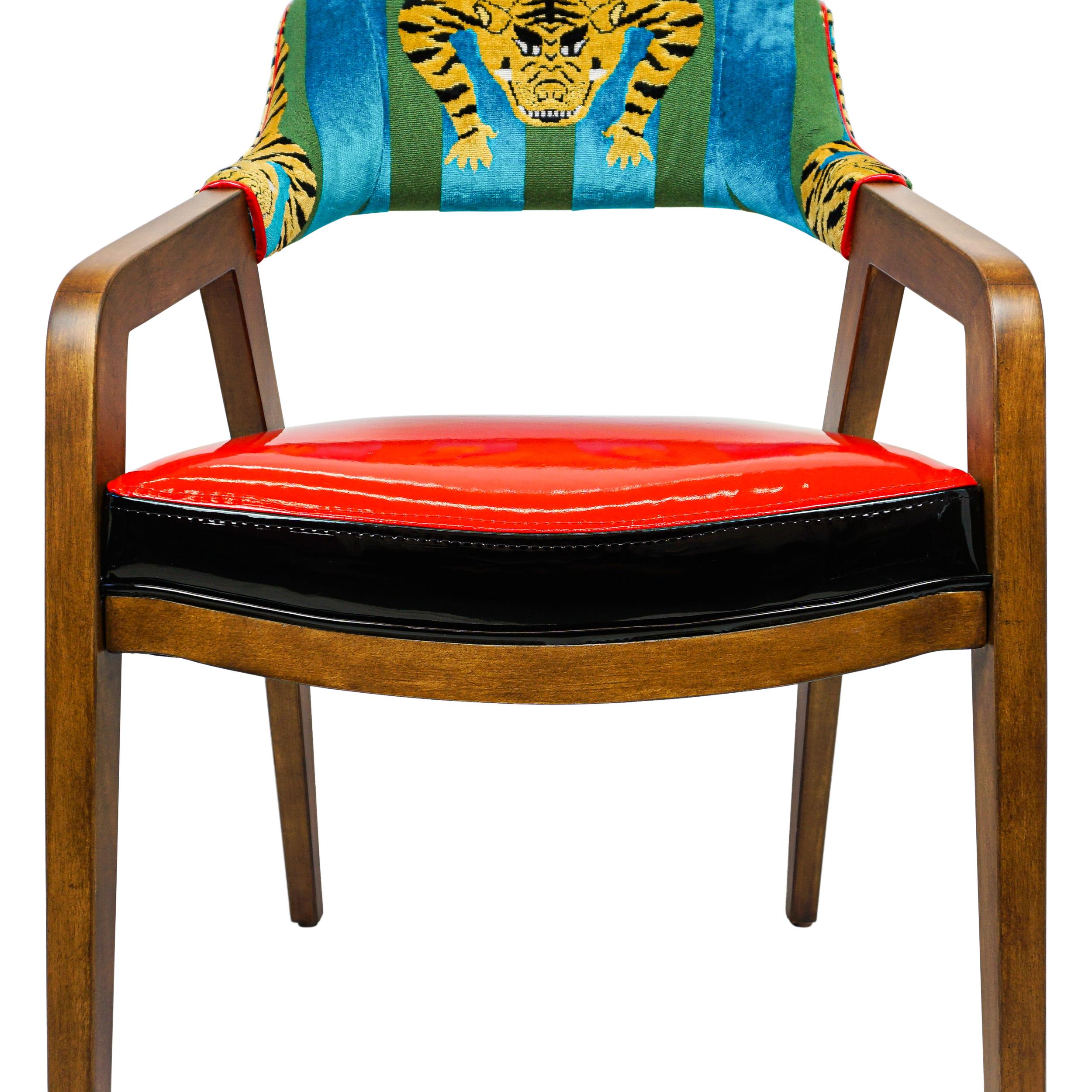 Ultra Modern Upholstered Dining Chair with Red Vinyl and Tiger Velvet For Sale 3