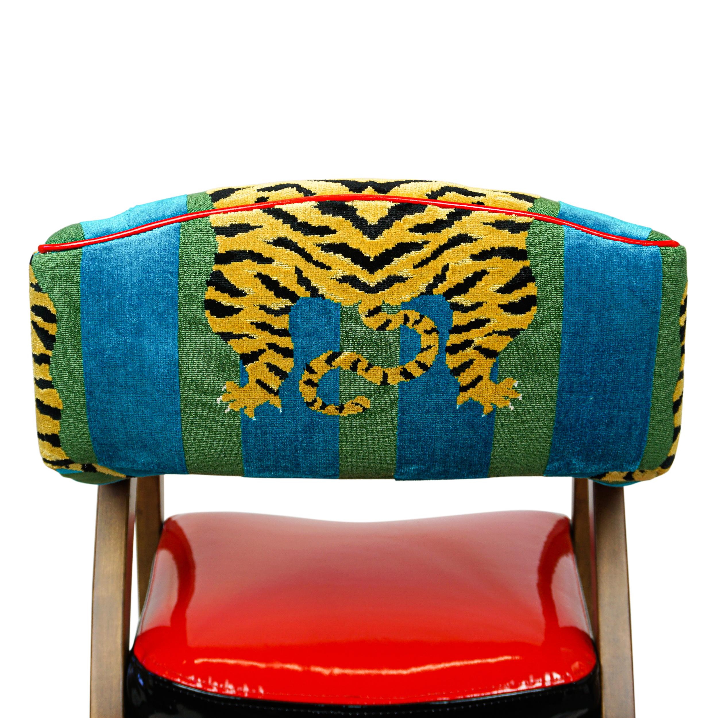 American Ultra Modern Upholstered Dining Chair with Red Vinyl and Tiger Velvet For Sale