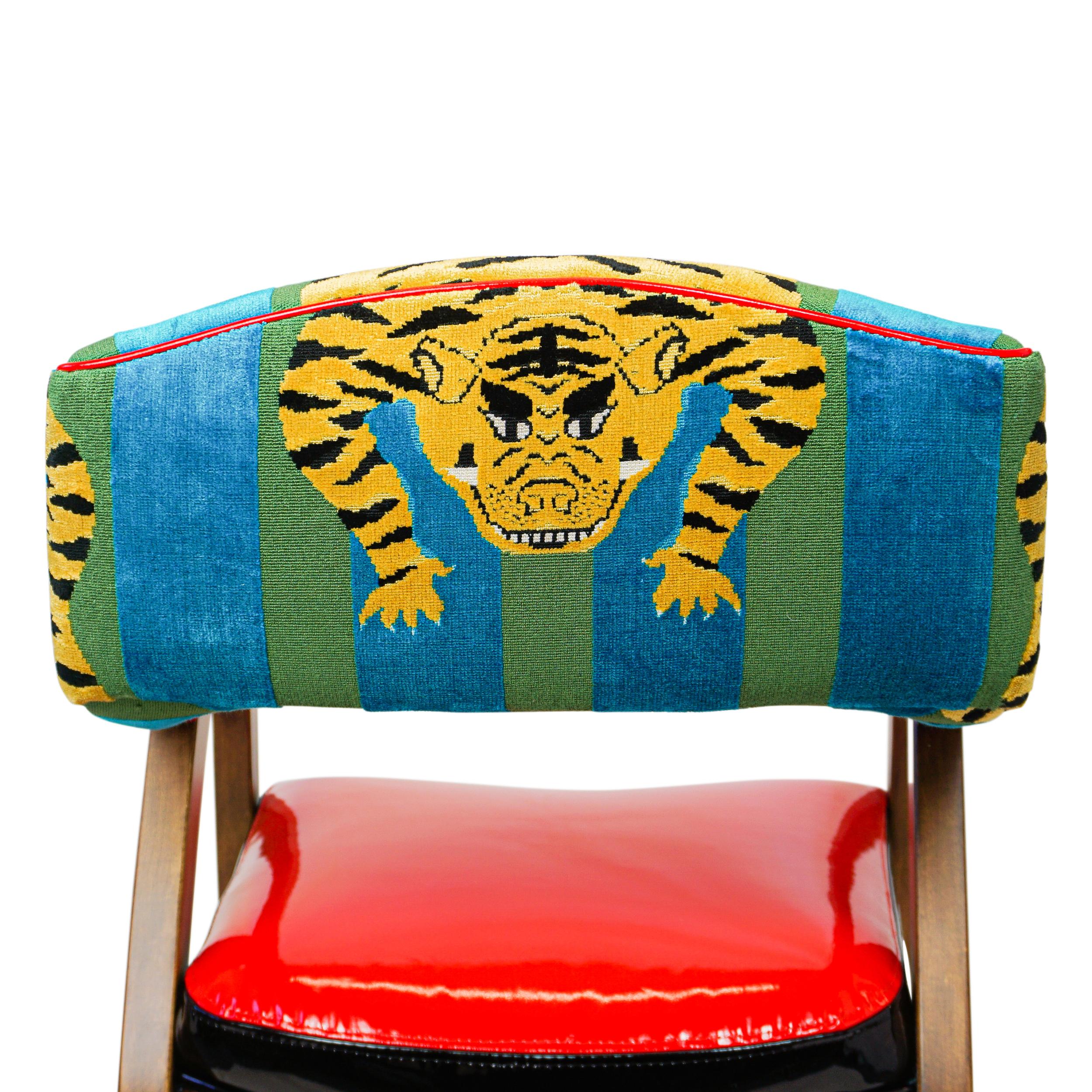 Contemporary Ultra Modern Upholstered Dining Chair with Red Vinyl and Tiger Velvet For Sale