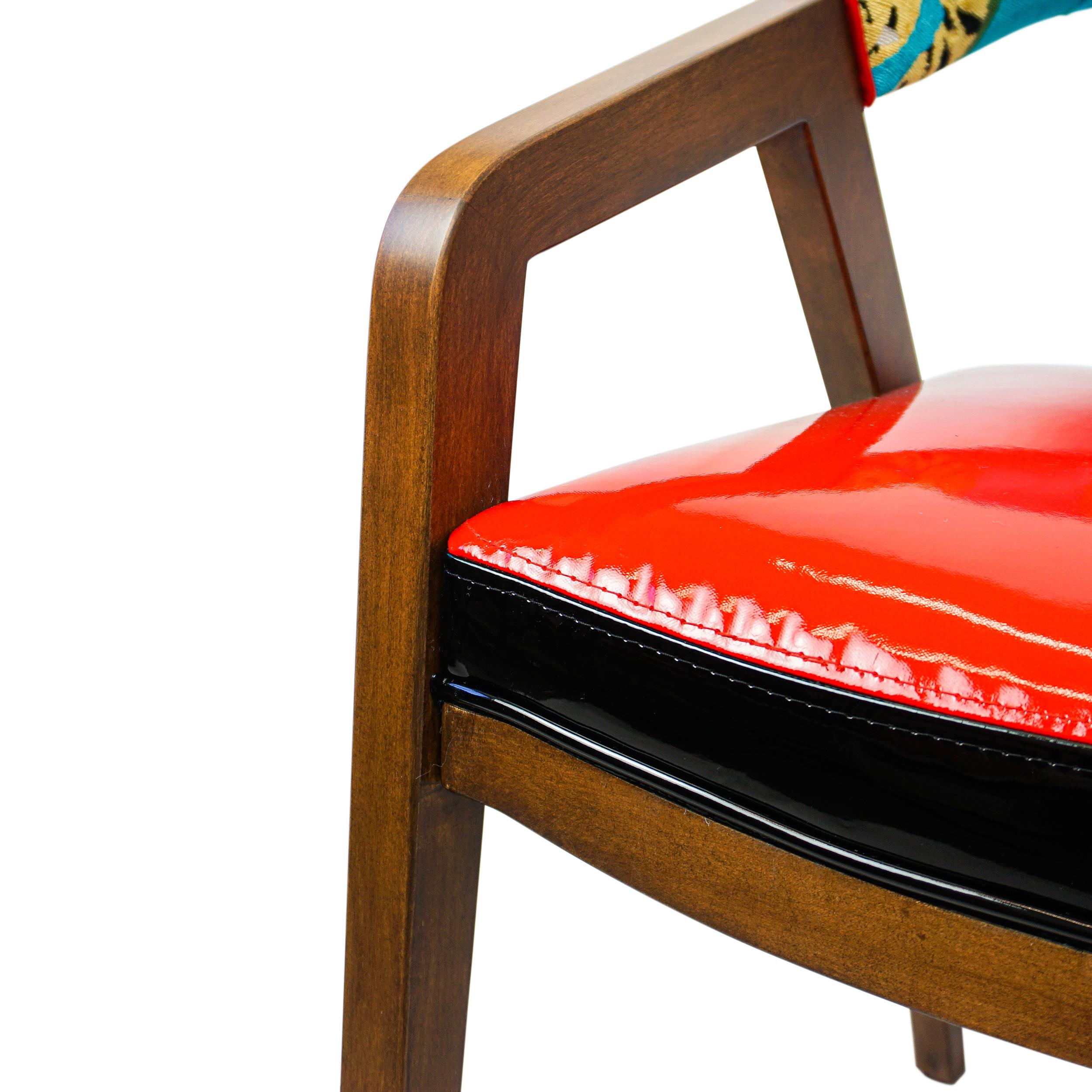 Ultra Modern Upholstered Dining Chair with Red Vinyl and Tiger Velvet For Sale 4