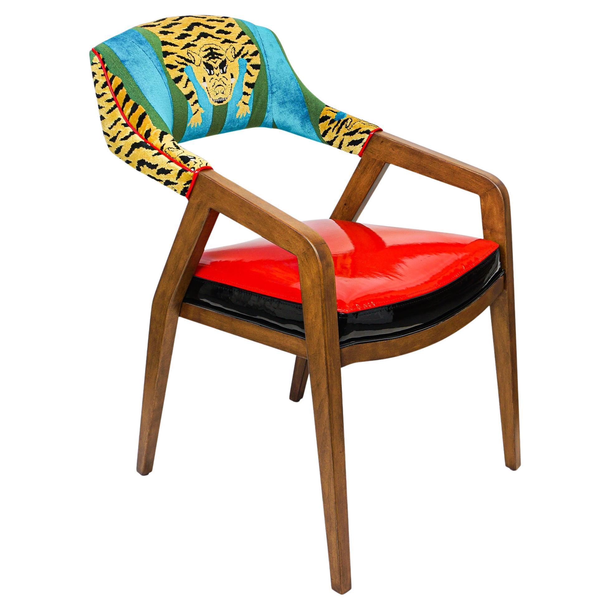 Ultra Modern Upholstered Dining Chair with Red Vinyl and Tiger Velvet For Sale