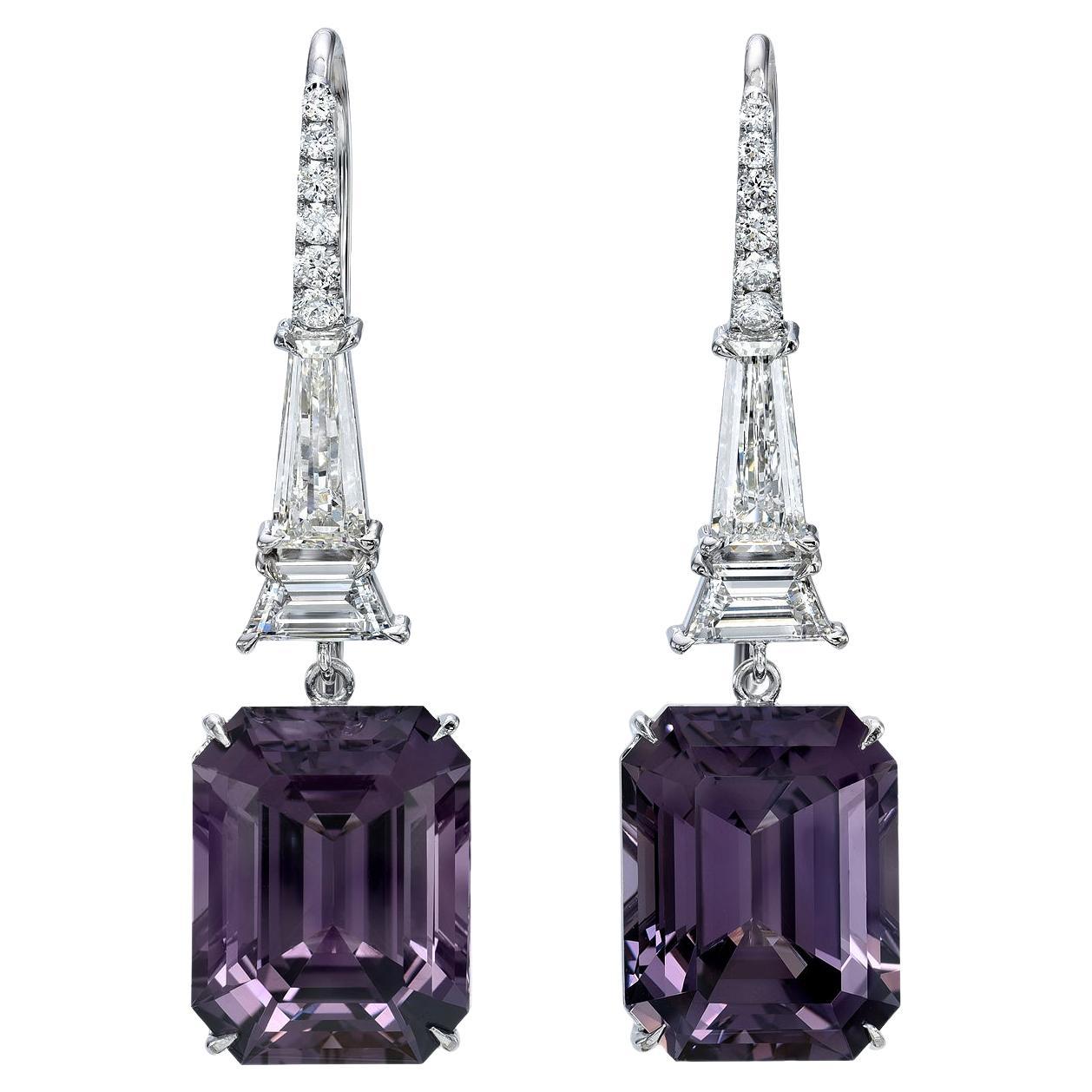 Ultra Rare 13.12-Carat Grey-Violet Spinel Emerald-Cut Earrings with Diamonds