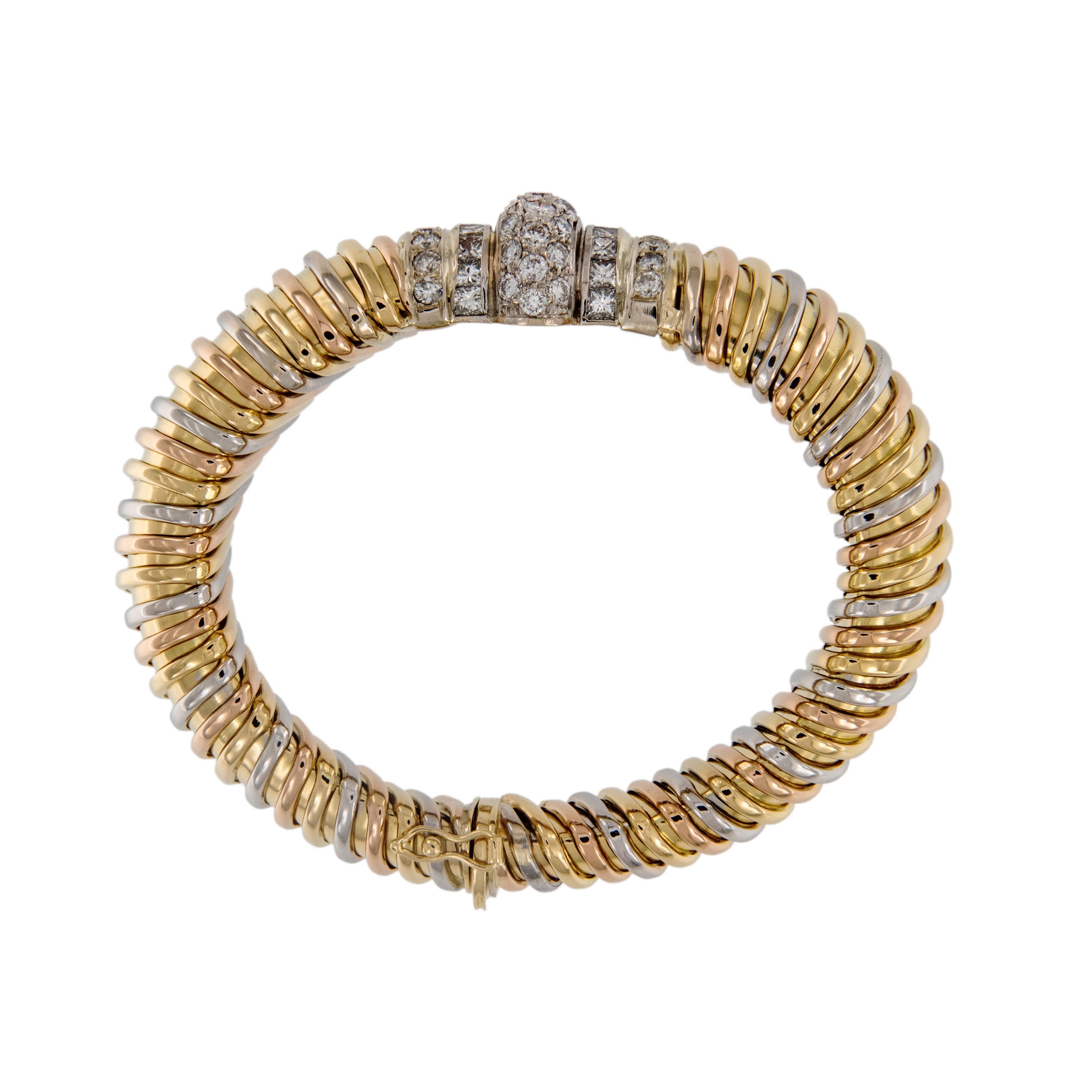Contemporary Ultra Rare 18 Karat Tri Color 3.55 Cttw Diamond Tubagos Bracelet by Emis Beros For Sale