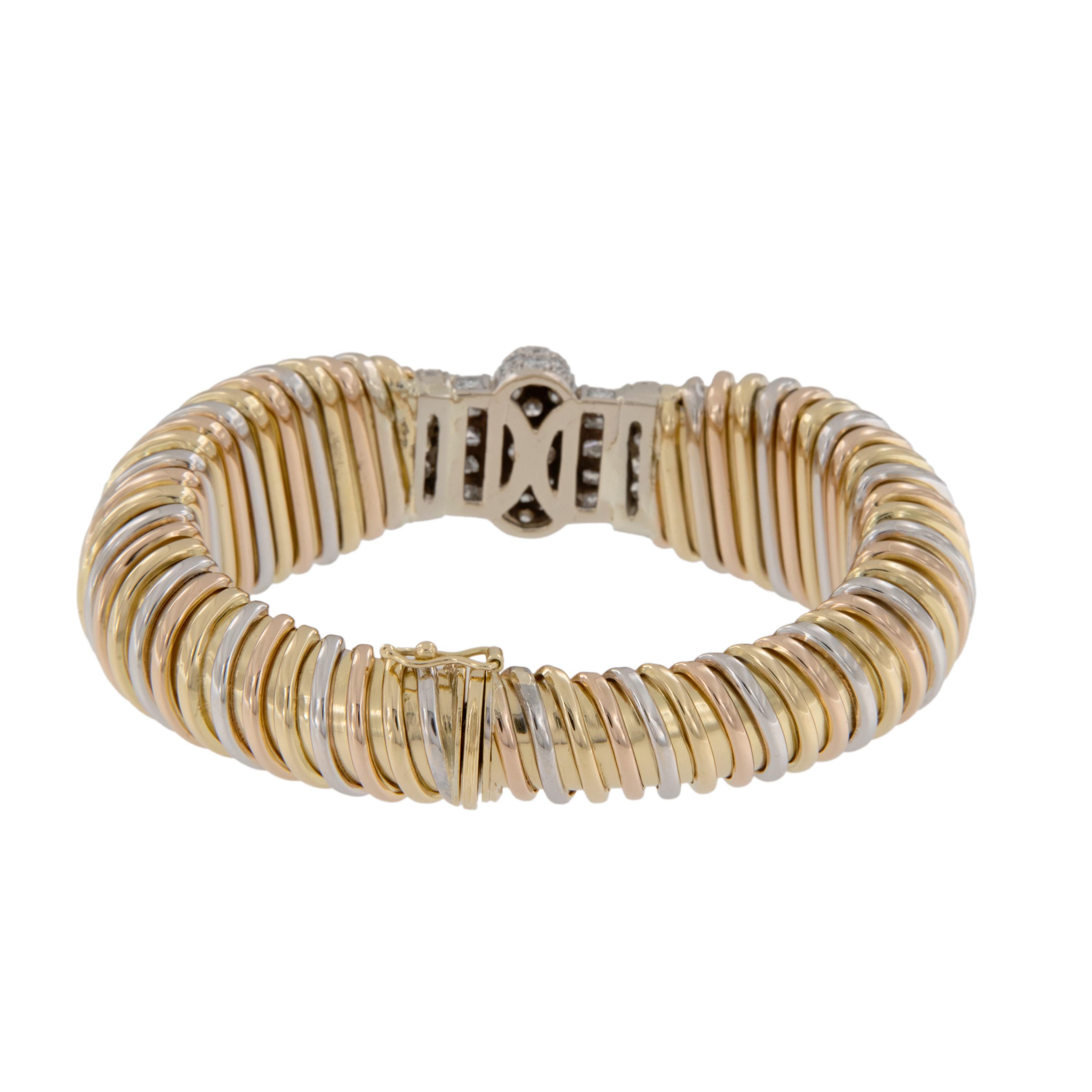 Round Cut Ultra Rare 18 Karat Tri Color 3.55 Cttw Diamond Tubagos Bracelet by Emis Beros For Sale