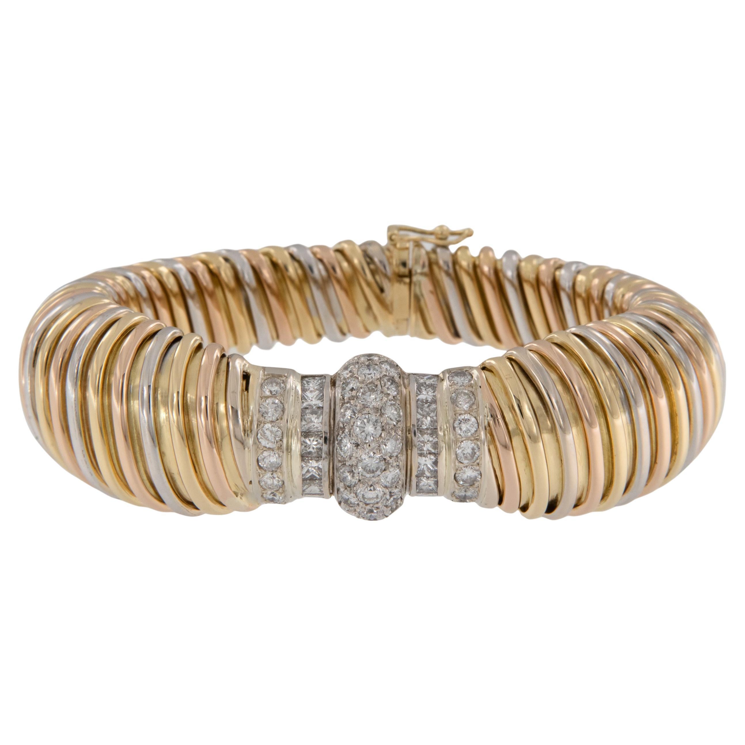 Ultra Rare 18 Karat Tri Color 3.55 Cttw Diamond Tubagos Bracelet by Emis Beros For Sale