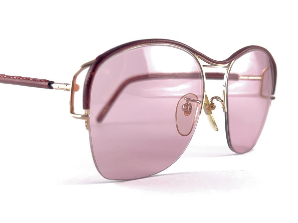 Red Ultra Rare 1970's Tura 450 Half Frame Burgundy Leather Pink Lenses Sunglasses For Sale