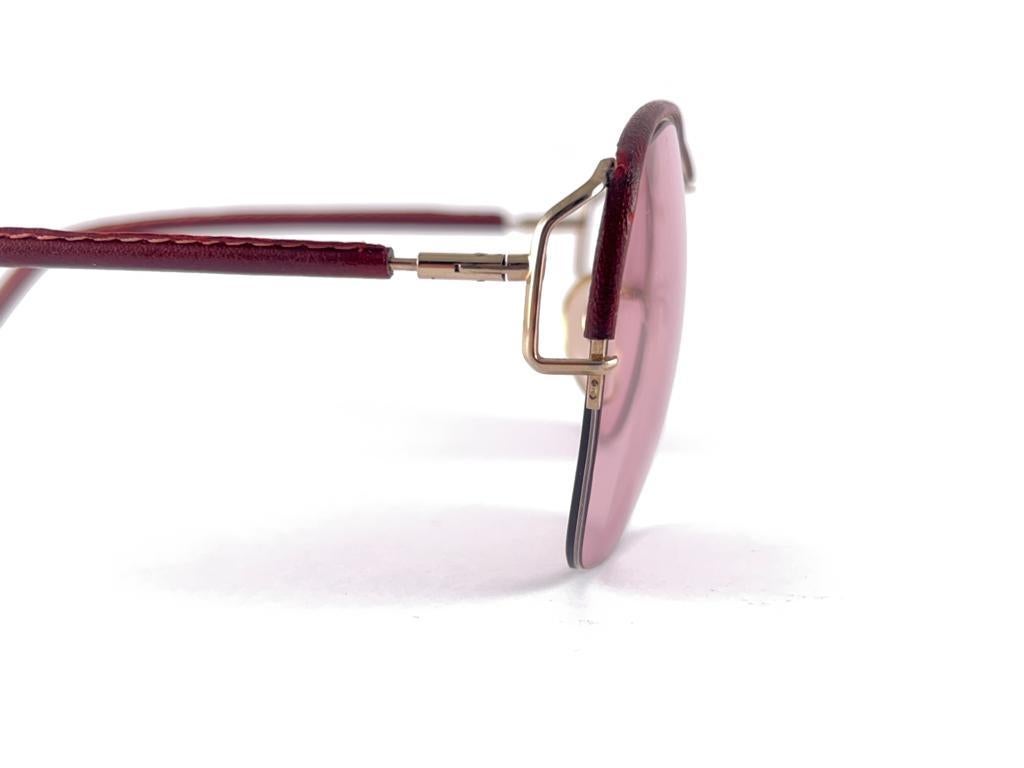Women's Ultra Rare 1970's Tura 450 Half Frame Burgundy Leather Pink Lenses Sunglasses For Sale