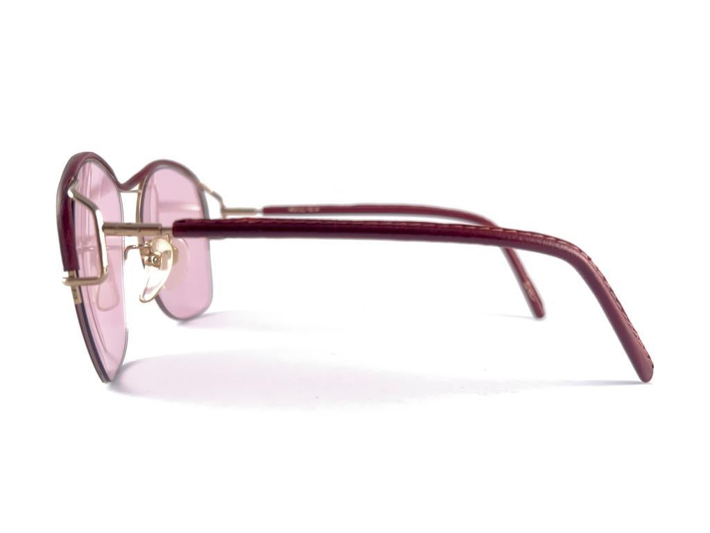 Ultra Rare 1970's Tura 450 Half Frame Burgundy Leather Pink Lenses Sunglasses For Sale 1