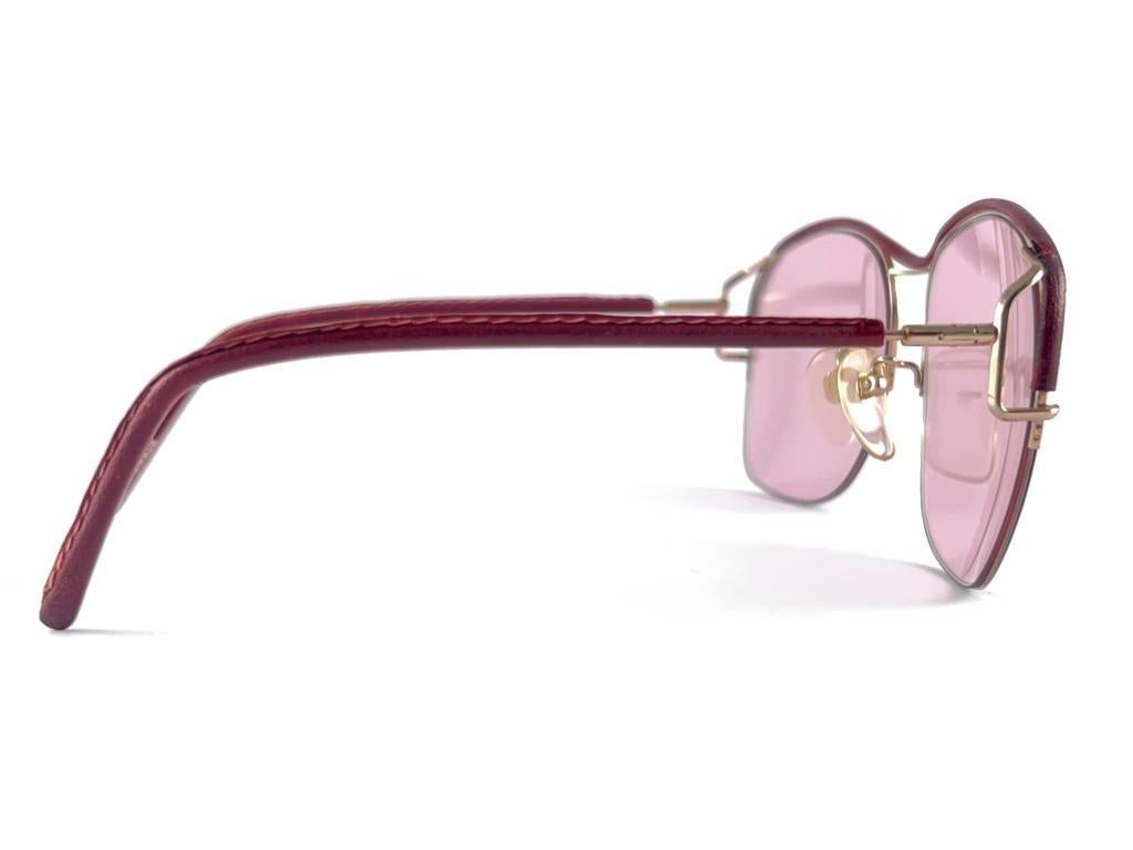 Ultra Rare 1970's Tura 450 Half Frame Burgundy Leather Pink Lenses Sunglasses For Sale 2
