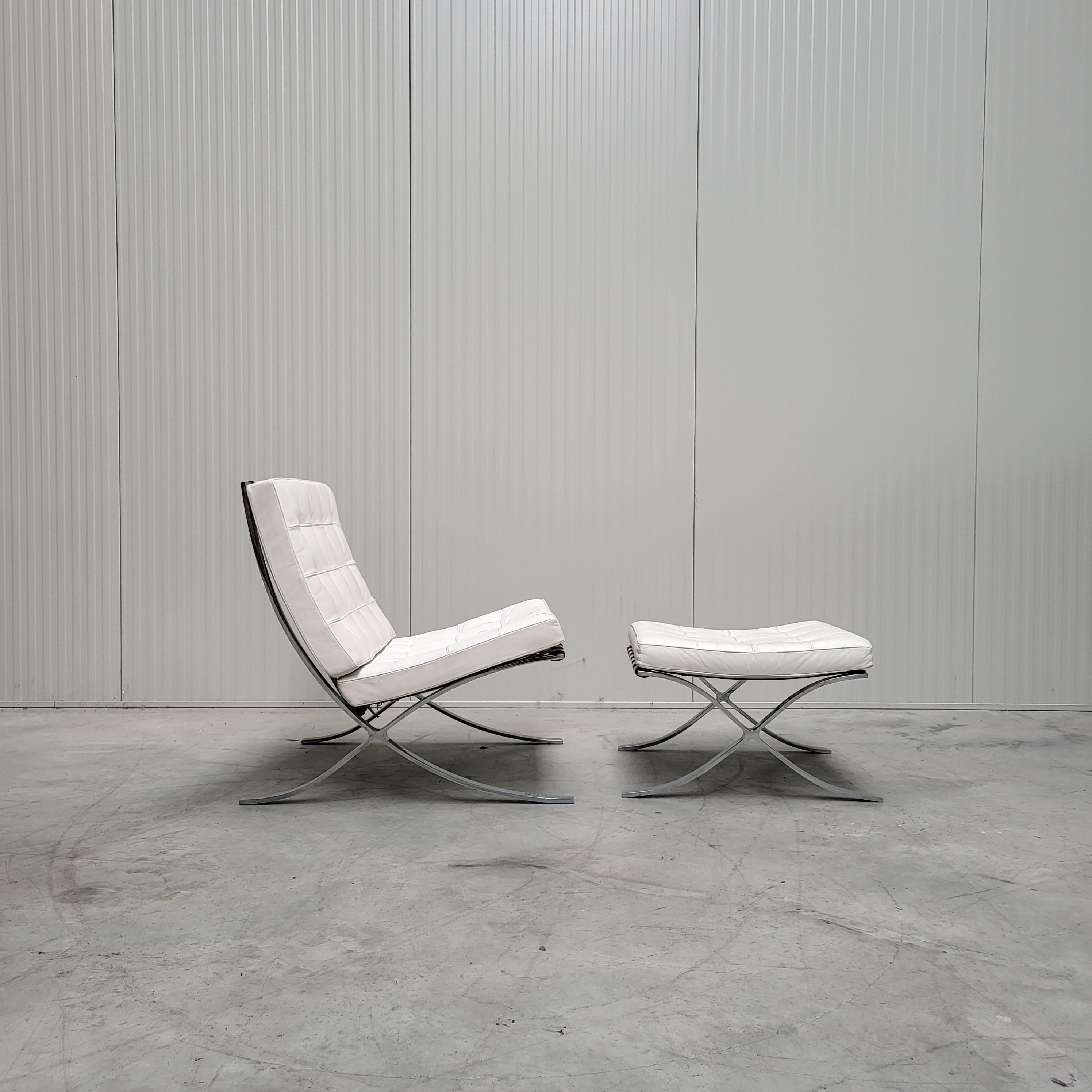 This very rare Barcelona chair and ottoman were designed by Mies van der Rohe in 1929 and produced by Knoll International in 1981 for the 30th anniversary of Knoll International. The offered chair is No 27.

With this backround, Knoll produced in