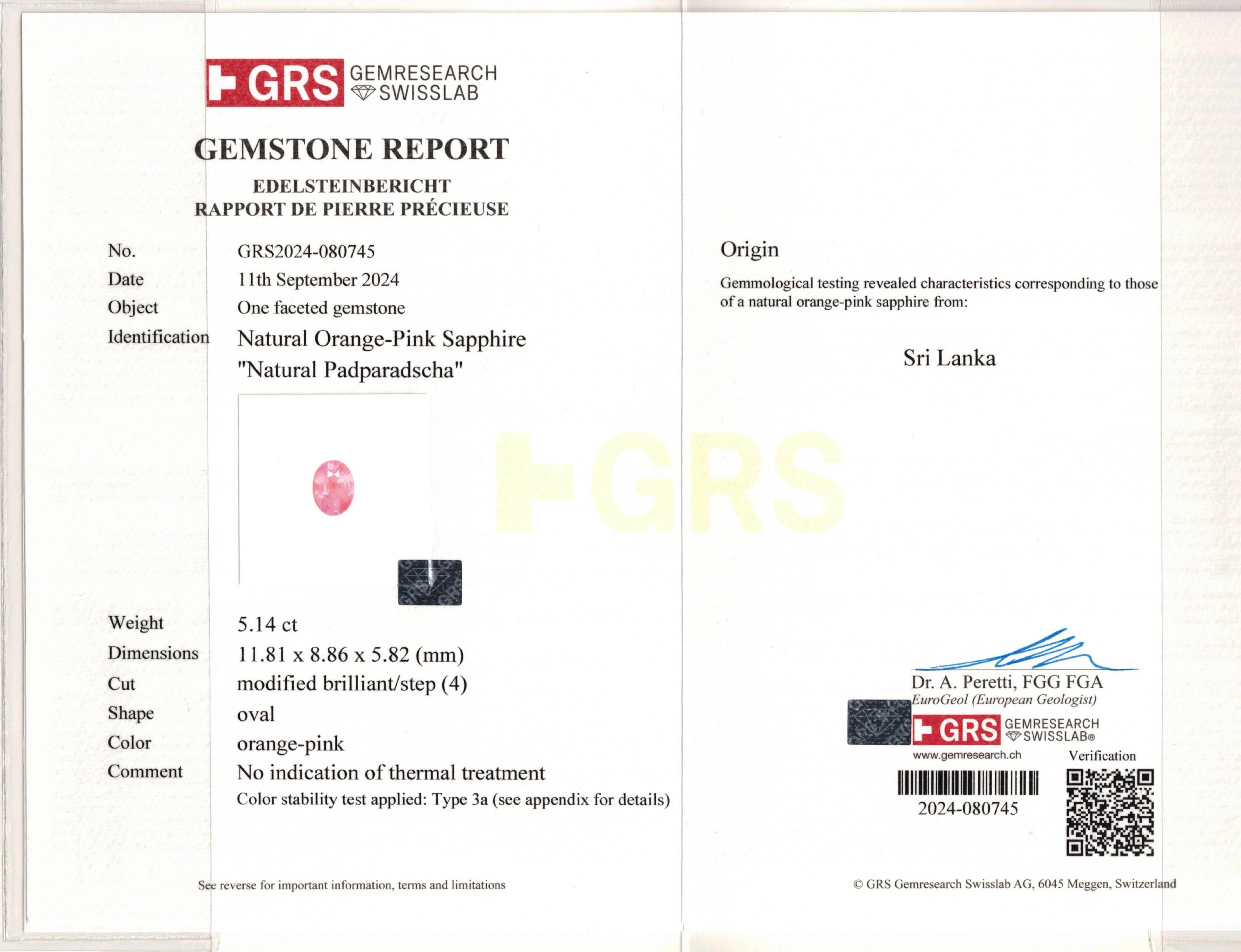 Ultra-Seltener 5,13 Karat GRS-zertifizierter ungeheizter Padparadscha Saphir Ring (Zeitgenössisch) im Angebot
