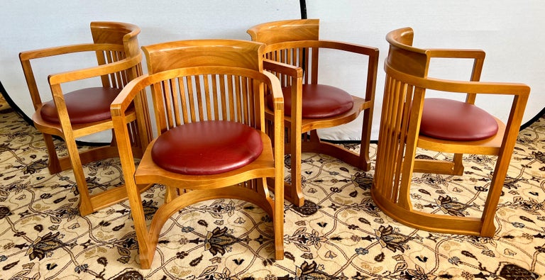Arts and Crafts Ultra Rare Cassina Frank Lloyd Wright Set of Barrel Back Dining Chairs For Sale