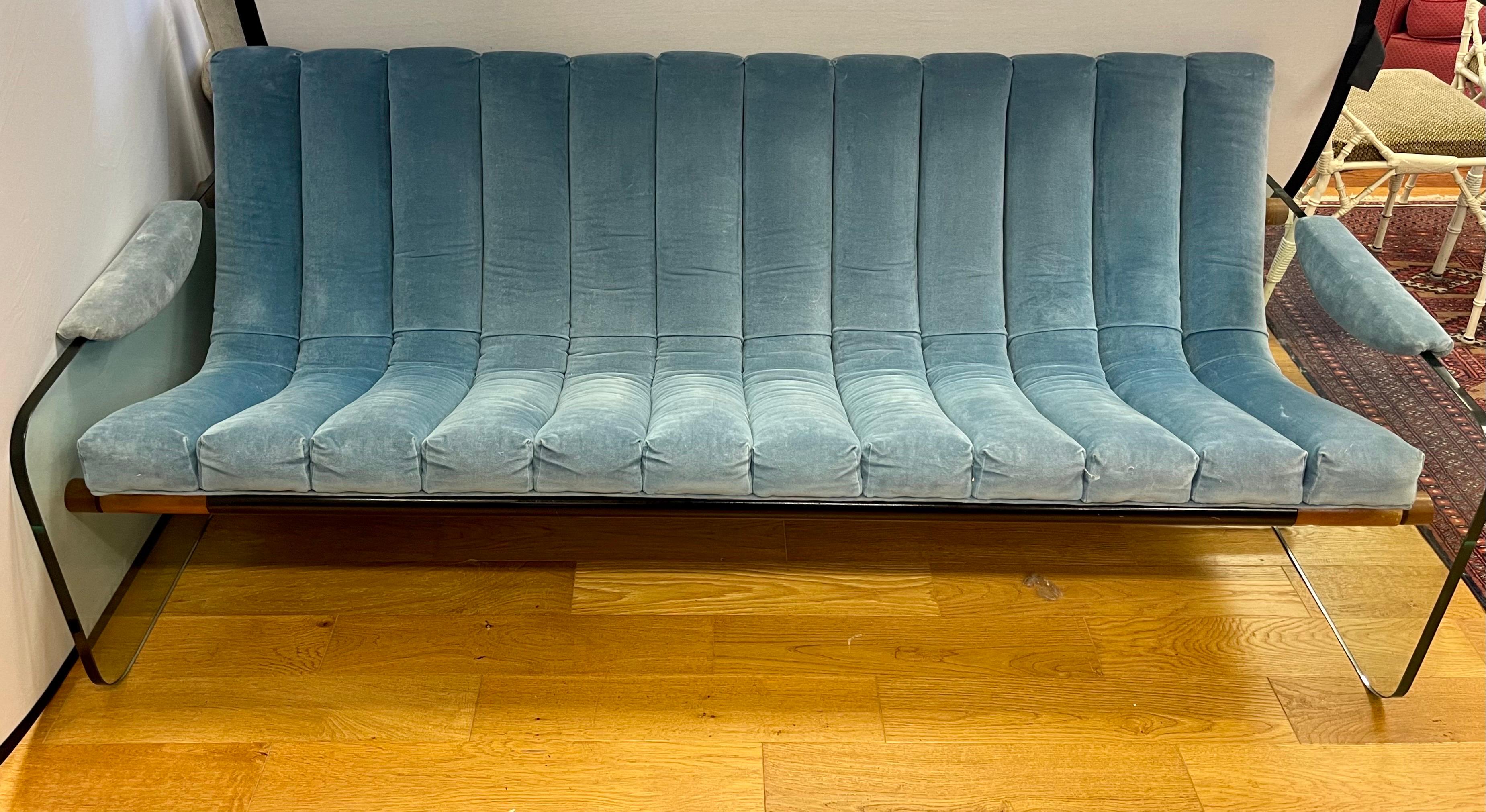 Stunning and ultra rare Fabio Lenci three seater sofa that is part of the coveted Hyaline collection. Note the piece was reupholstered five years ago in a blue ocean cotton velvet fabric which is still in good condition. It features Lenci's famed