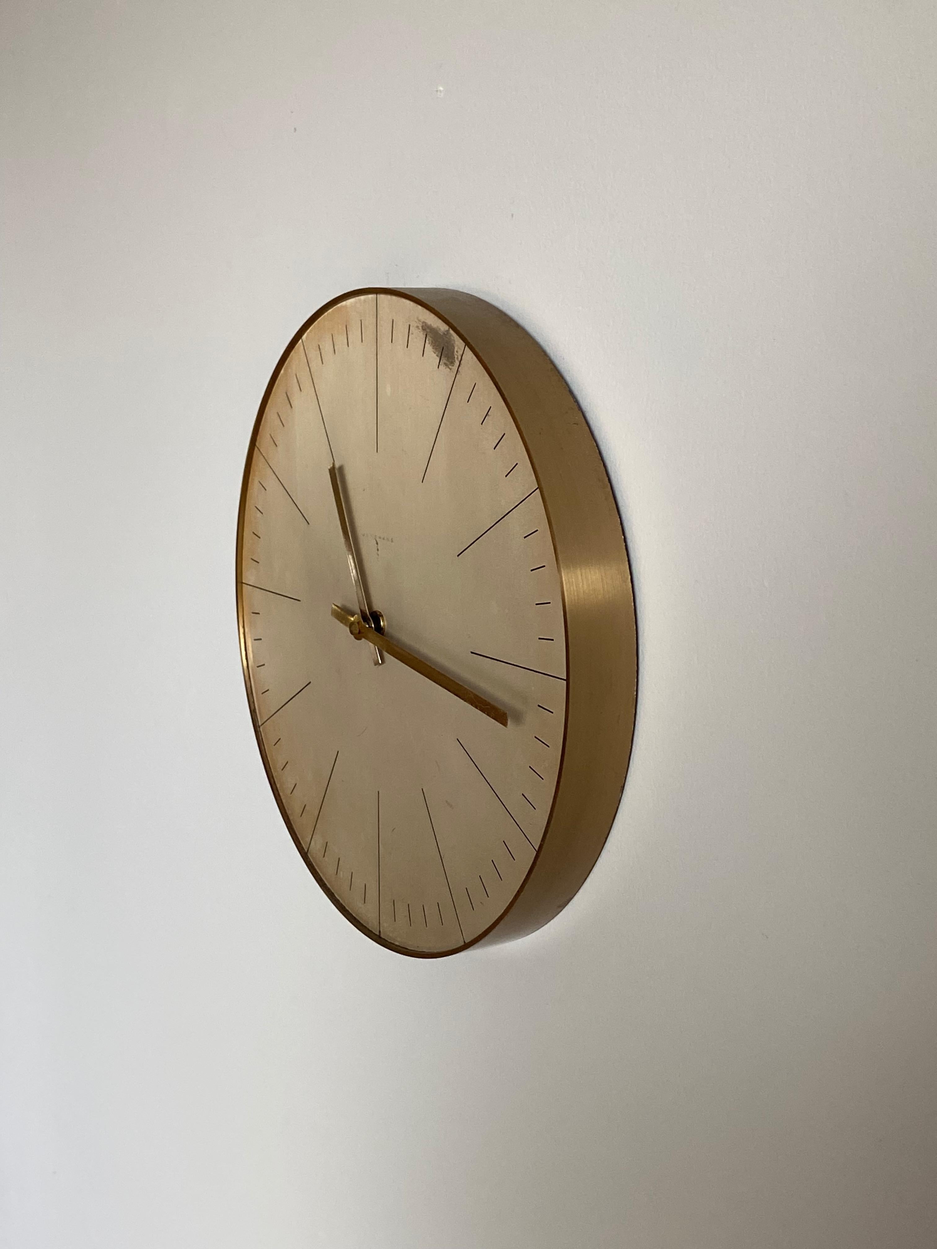 Ultra Rare German 1960s Junghans Max Bill Wall Clock 322/0350 in brass For Sale 1