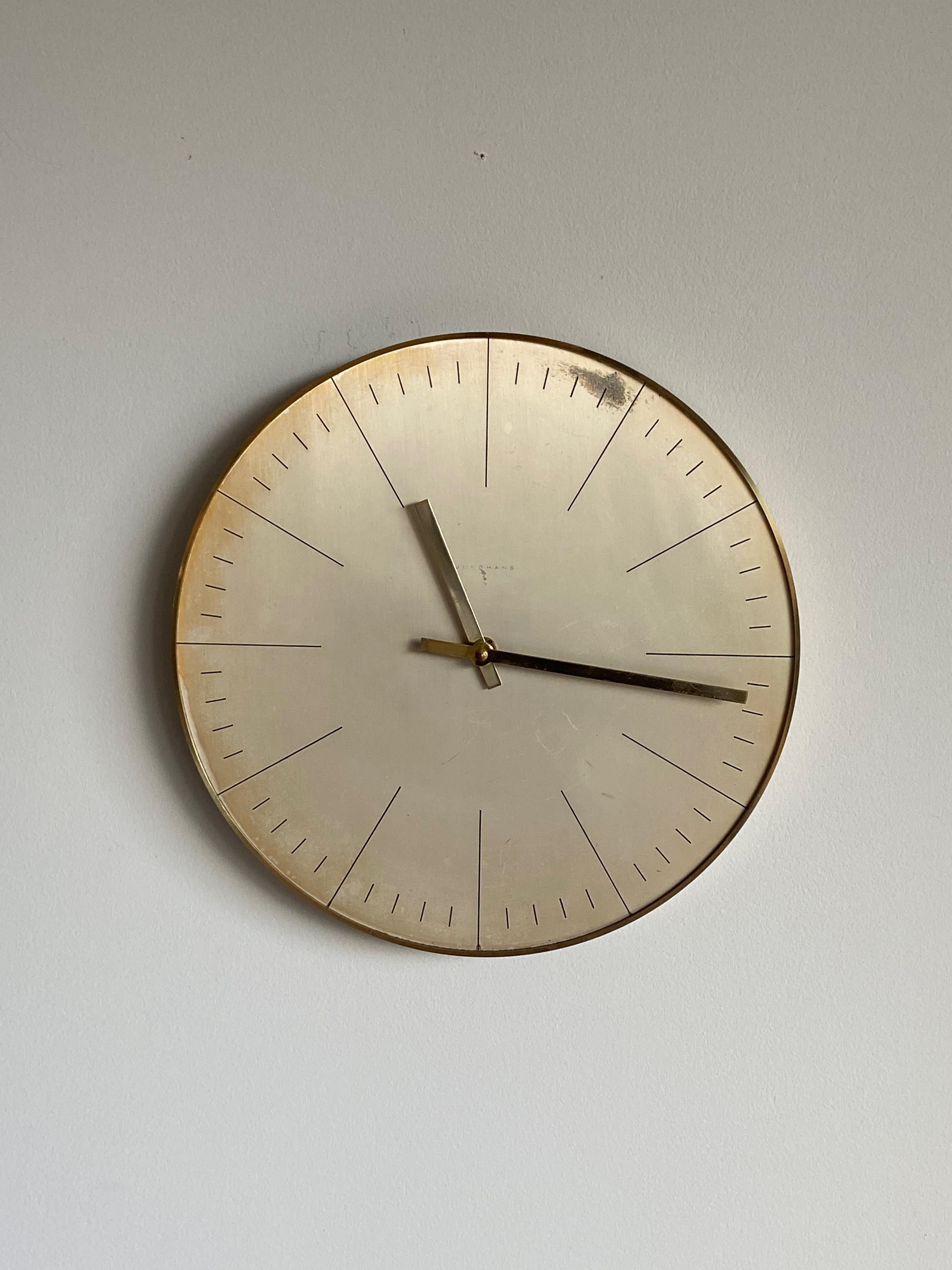 Ultra Rare German 1960s Junghans Max Bill Wall Clock 322/0350 in brass For Sale 4