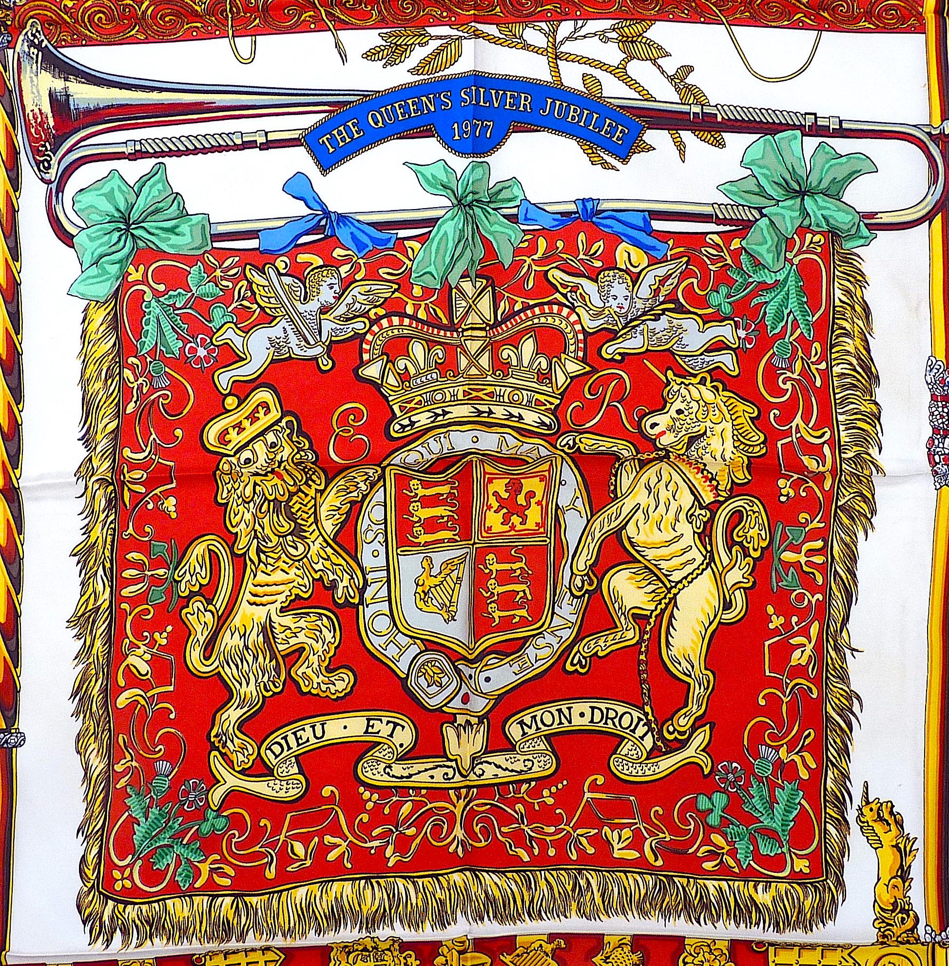 Ultra Rare Hermes Silk Scarf for Queen Elizabeth II Silver Jubilee in 1977, Special Edition of the very sought after scarf entitled 
