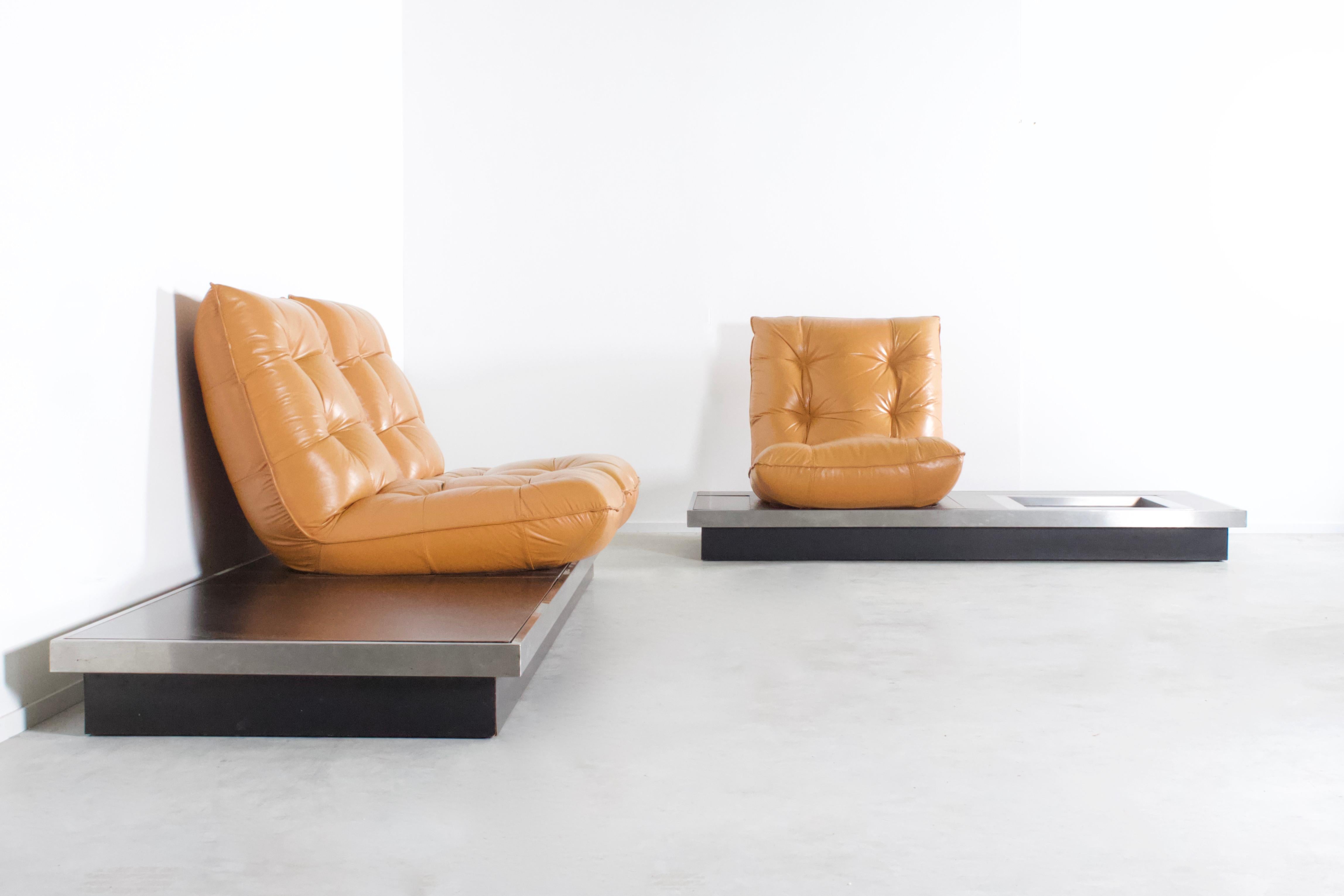 Space Age Ultra Rare Michel Ducaroy Platform Sofas in Cognac Leather, 1970s