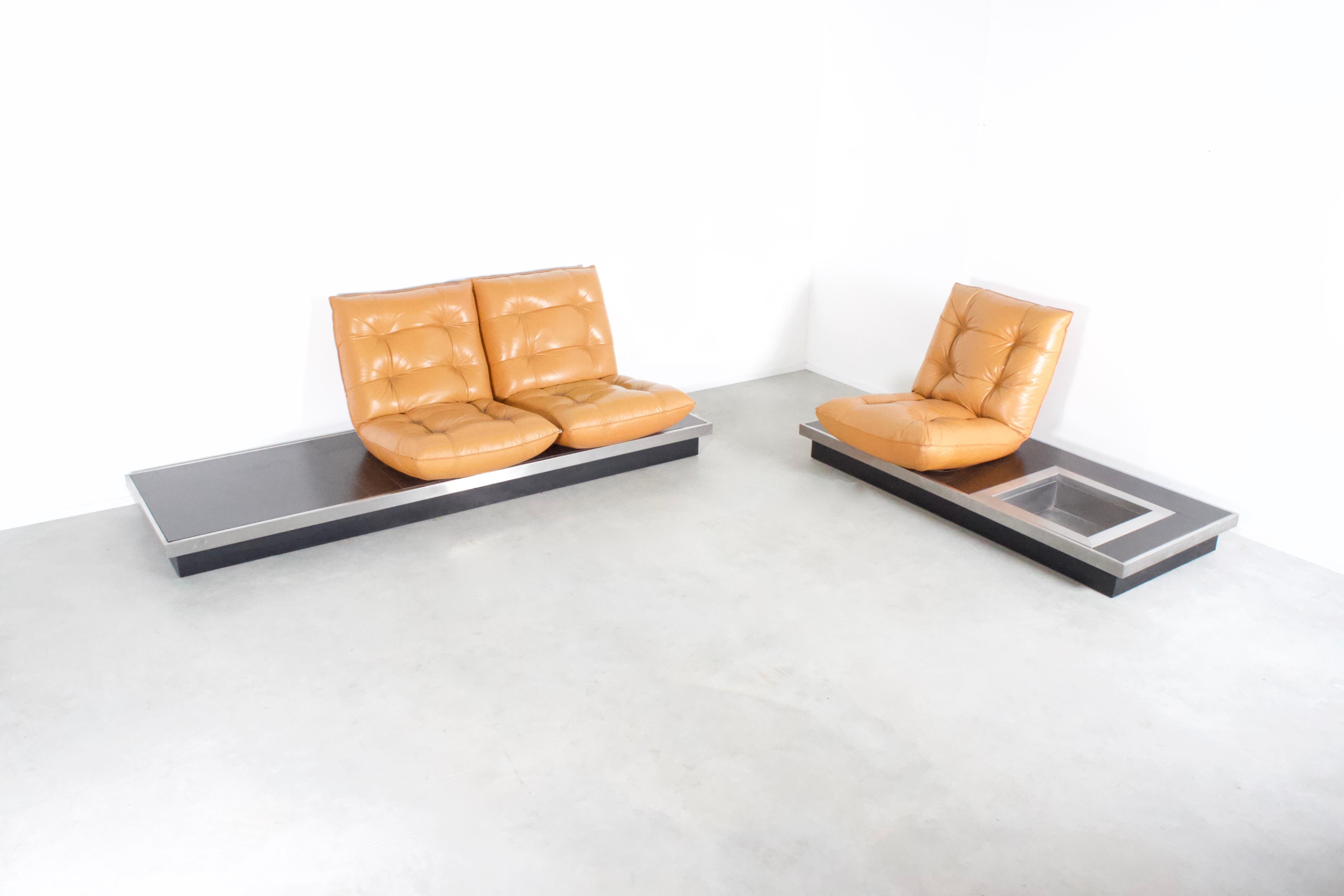 Stainless Steel Ultra Rare Michel Ducaroy Platform Sofas in Cognac Leather, 1970s