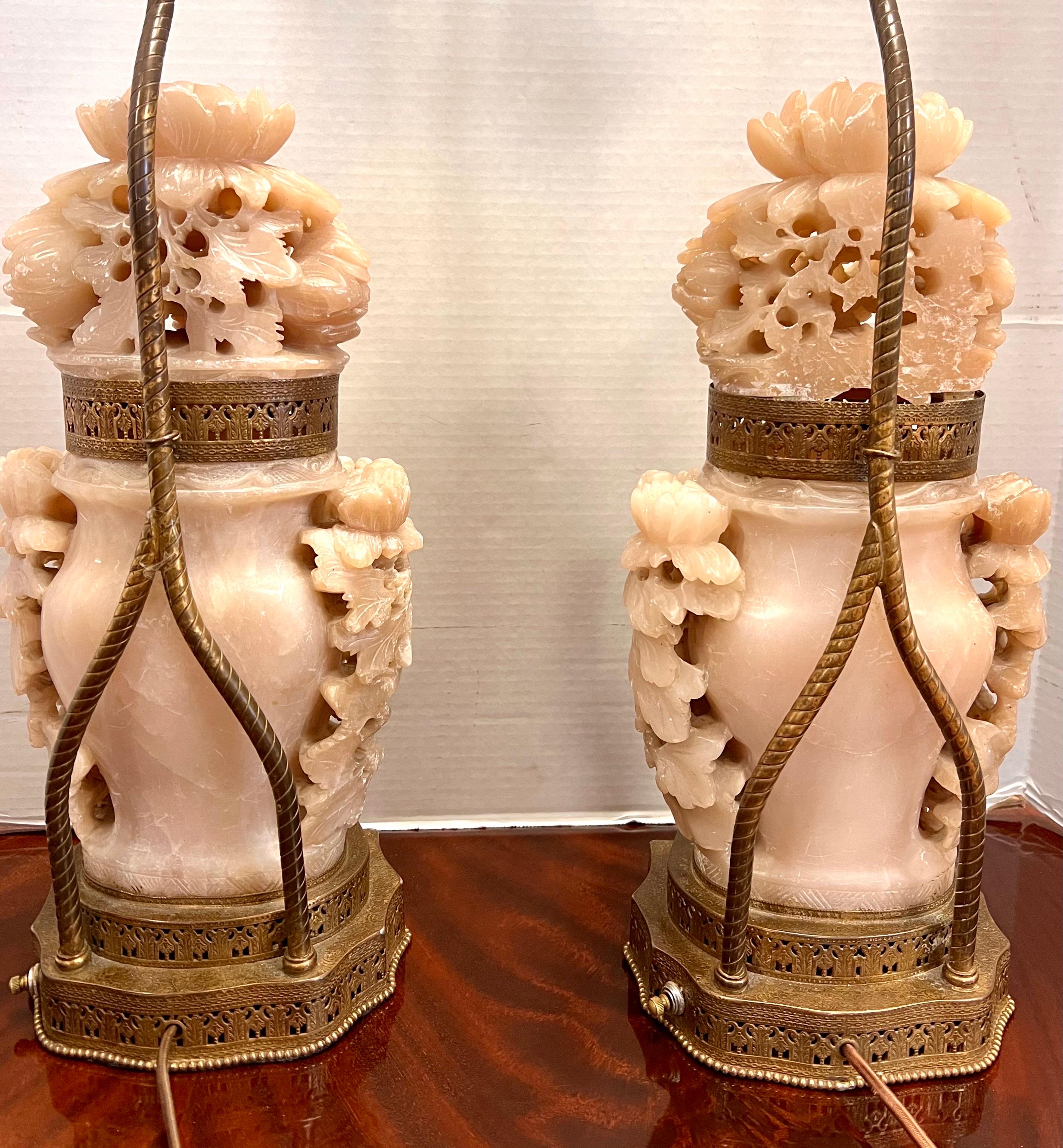 Ultra Rare Pair of Chinese Carved Pink Soapstone Urn Lamps with Shades For Sale 4