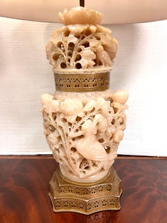 Pair of Chinese Hand Carved Pink Alabaster Ginger Jar Lamps with Shades